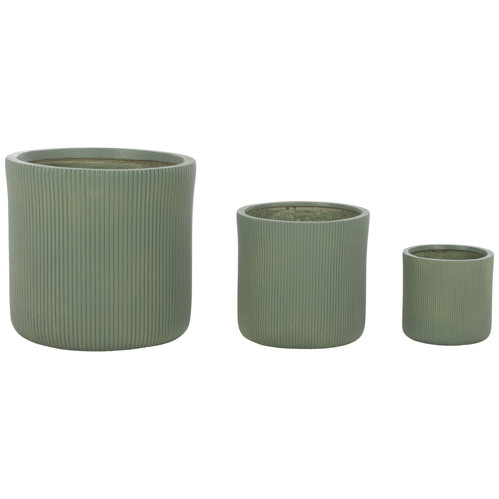 Graduated green planters share rounded bases and finely ribbed walls. || PAT4600C-SET3 || side_studio