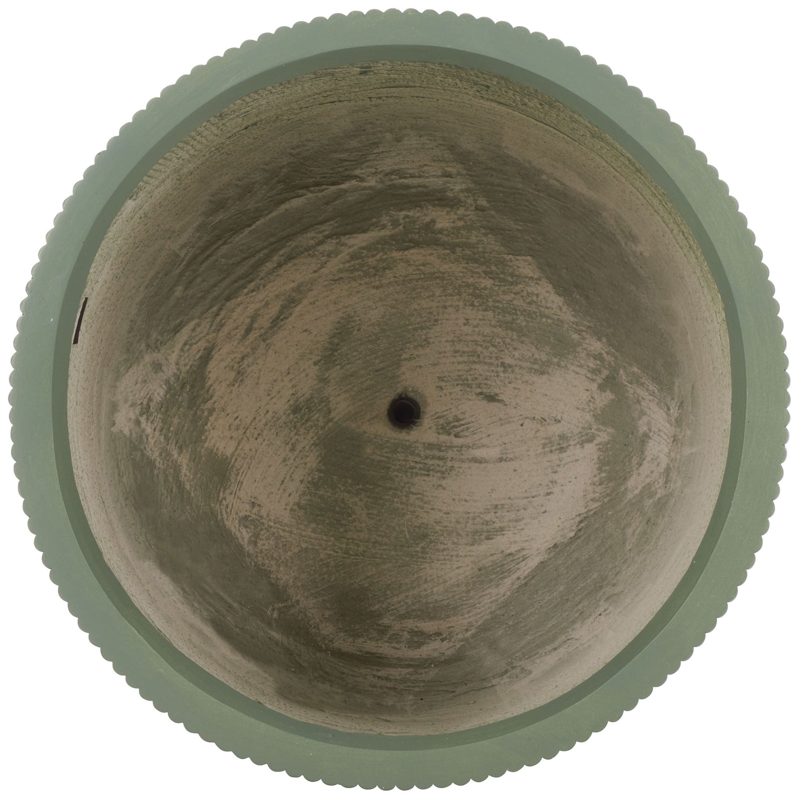 The green planter's broad opening reveals a textured interior and a central drain hole. || PAT4600C-SET3 || top_partial_studio