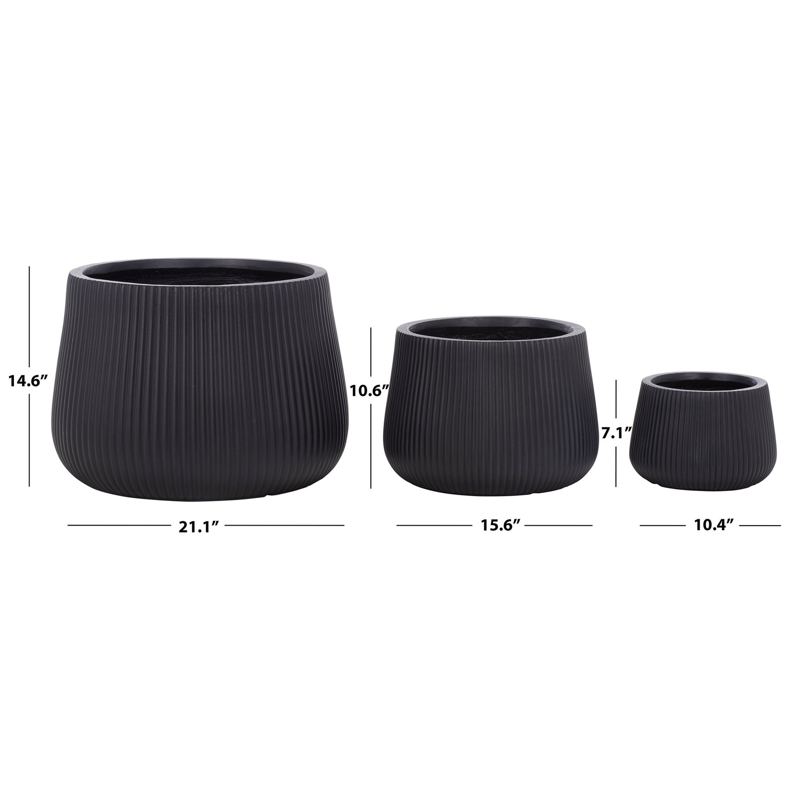 The black planter trio spans 10.4, 15.6, and 21.1 inches wide for versatile displays || PAT4601A-SET3 || dimension_studio
