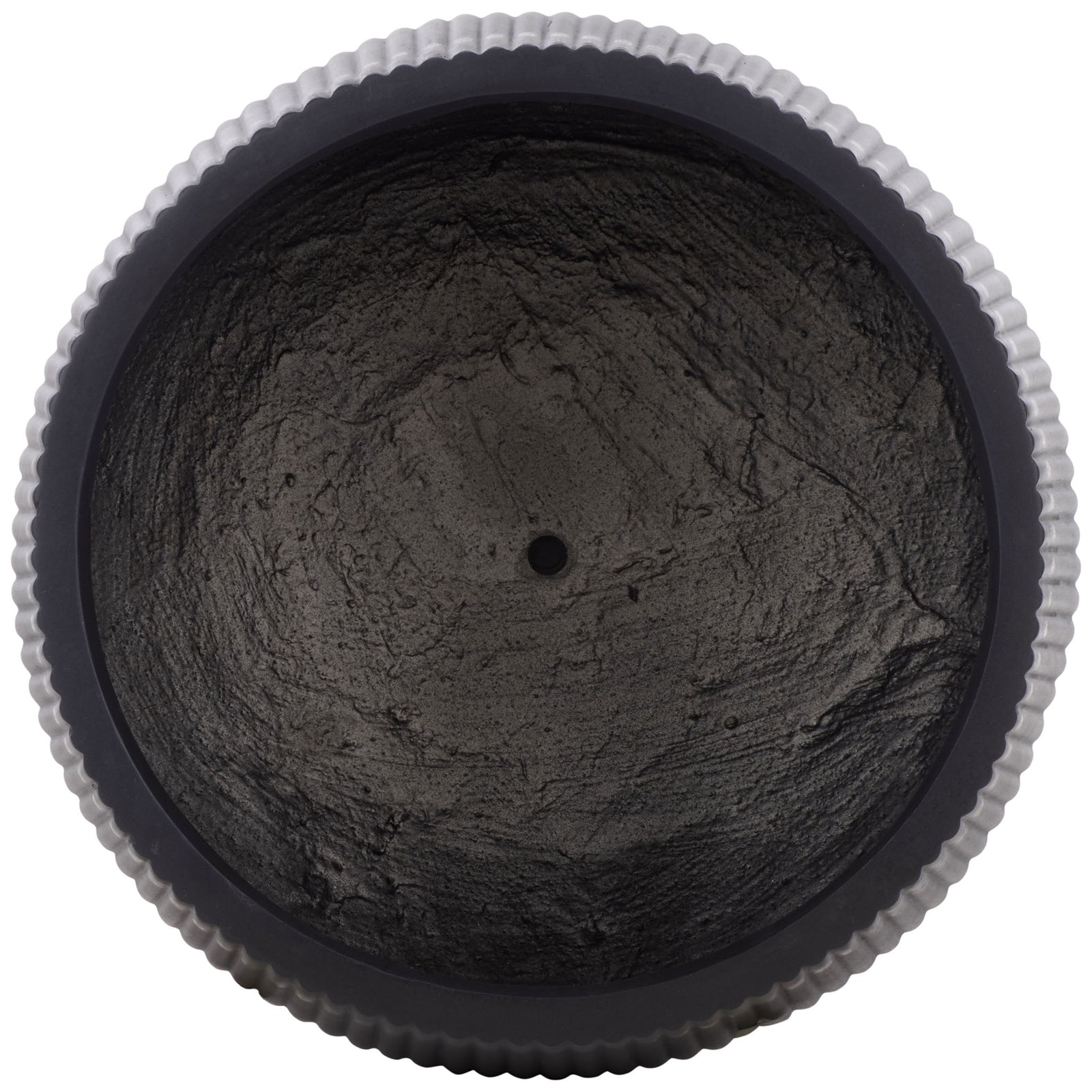 A deep black planting basin with a central drainage hole sits within a fluted rim || PAT4601A-SET3 || top_partial_studio