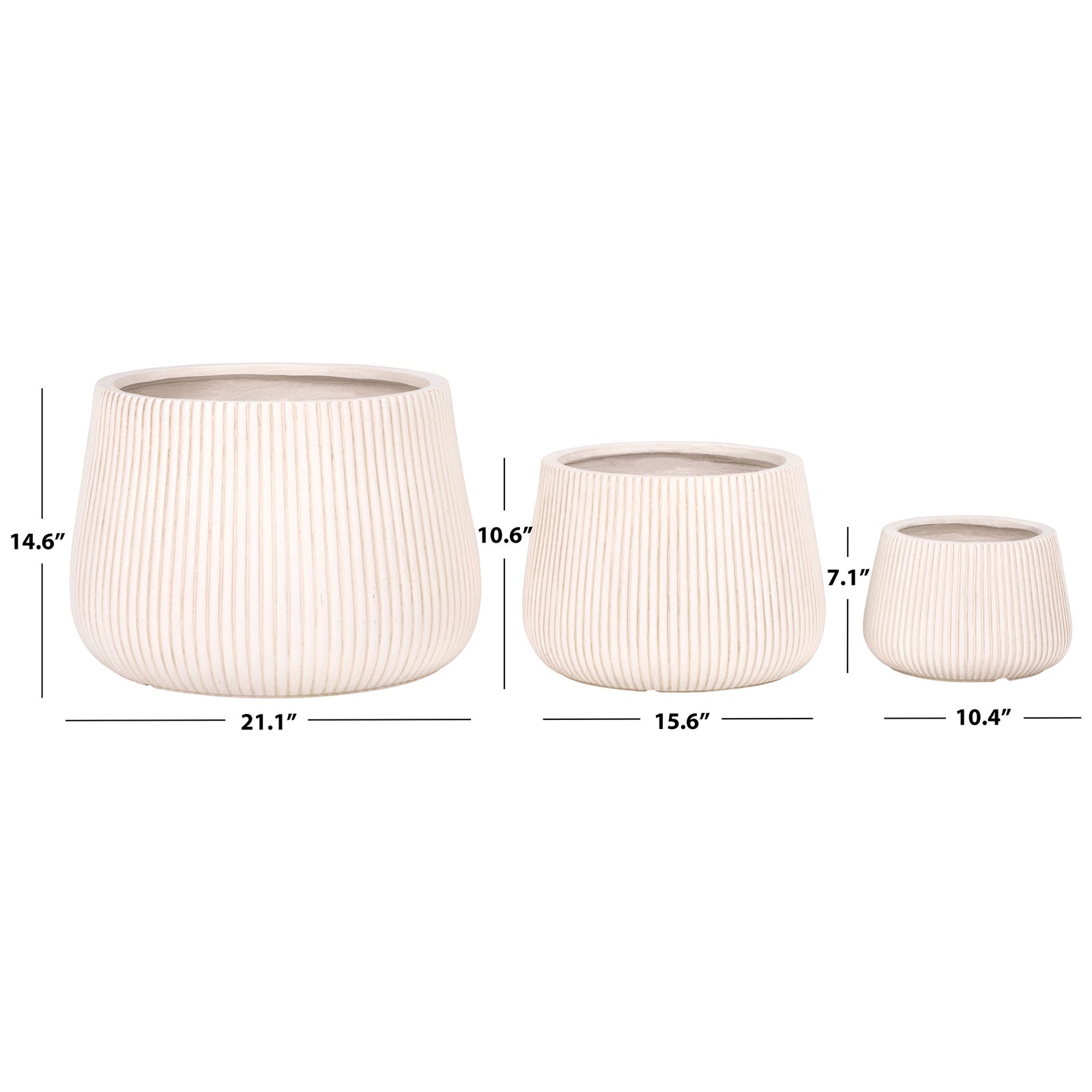 Three beige ribbed planters measure 10.4, 15.6, and 21.1 inches wide for flexible planting || PAT4601B-SET3 || dimension_studio