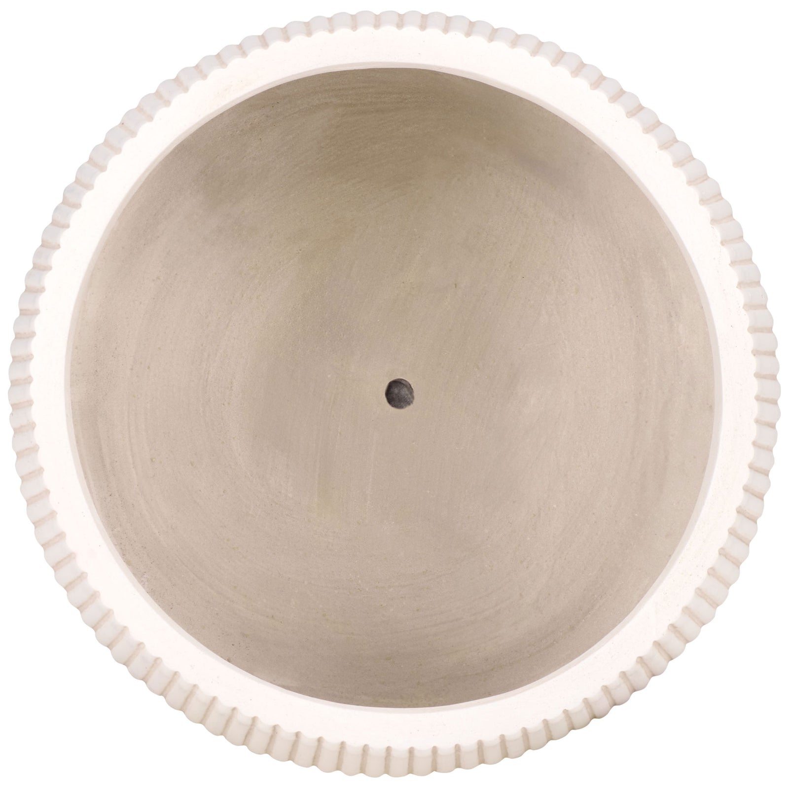A spacious beige planter basin features a central drainage hole and finely ribbed rim || PAT4601B-SET3 || top_partial_studio