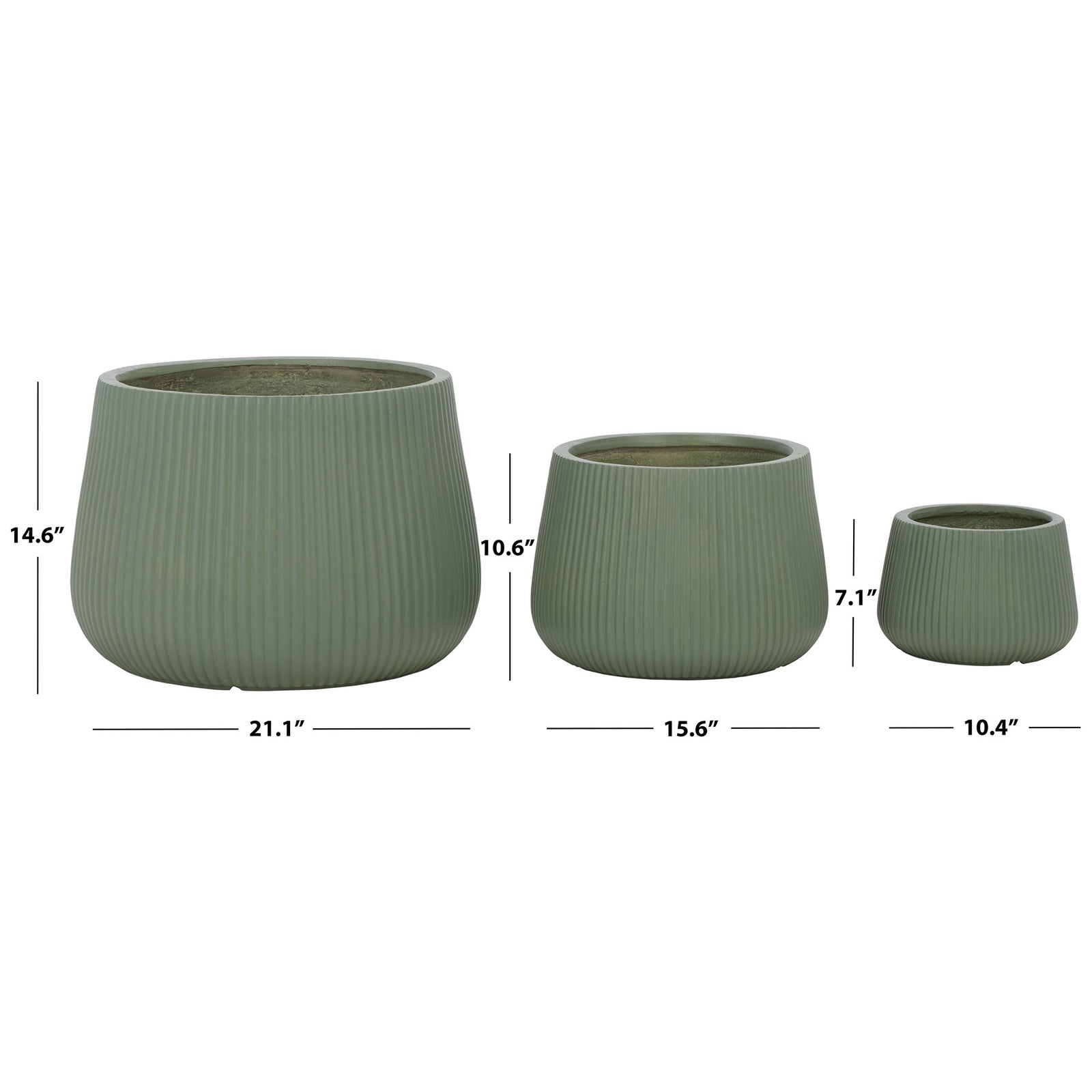 Three green ribbed planters measure 10.4, 15.6, and 21.1 inches wide to suit varied plants || PAT4601C-SET3 || dimension_studio