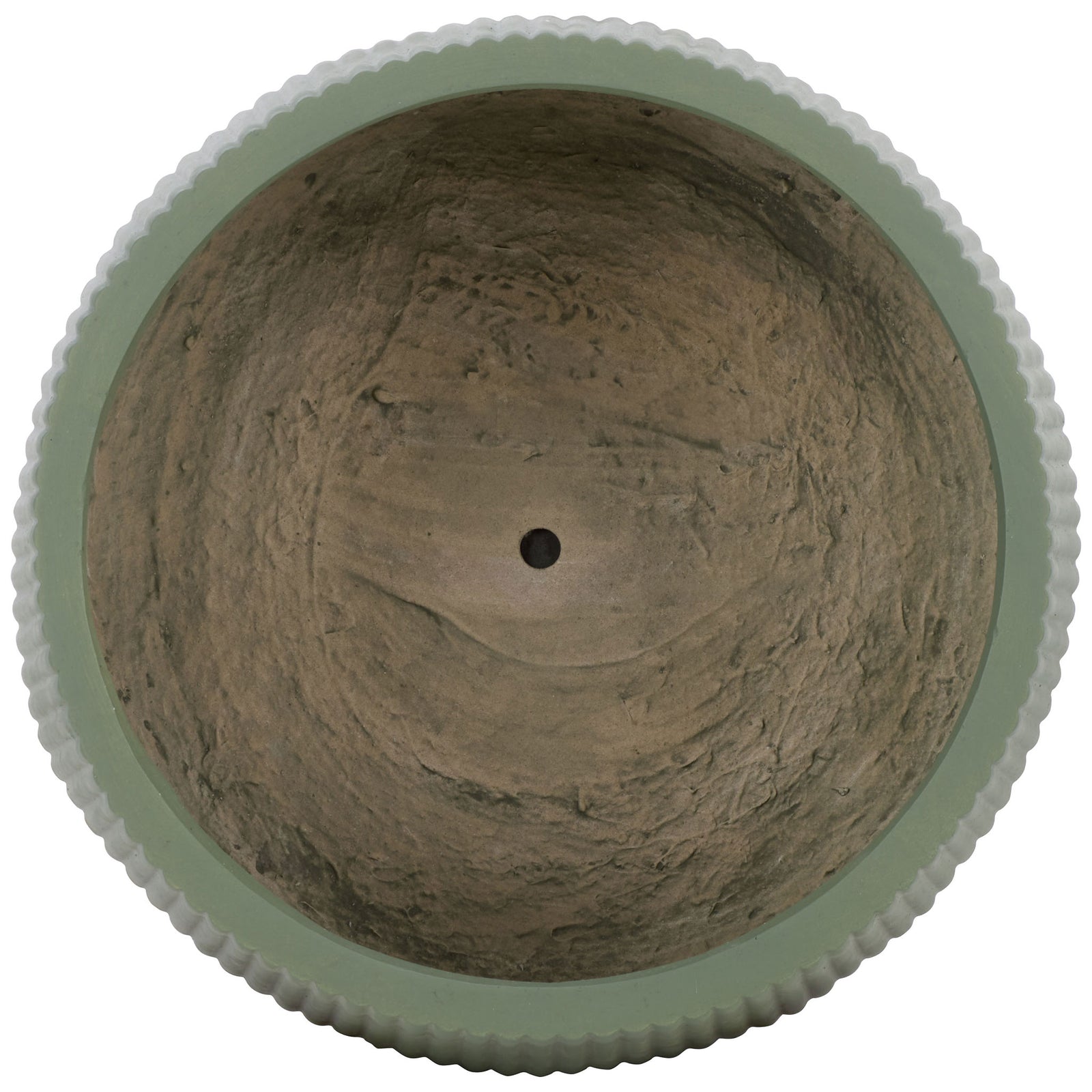 A sage green fluted rim surrounds a roomy interior with a central drainage hole || PAT4601C-SET3 || top_partial_studio