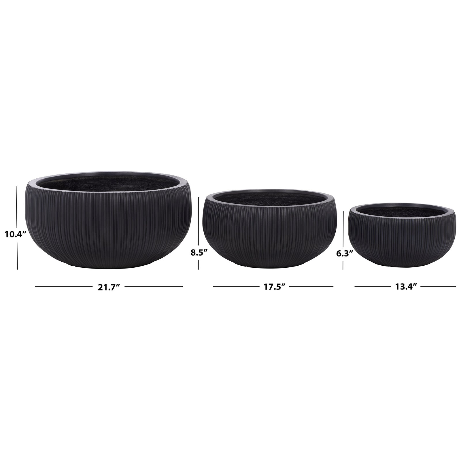The three black planters stand 6.3, 8.5 and 10.4 inches tall in graduated sizes. || PAT4602A-SET3 || dimension_studio