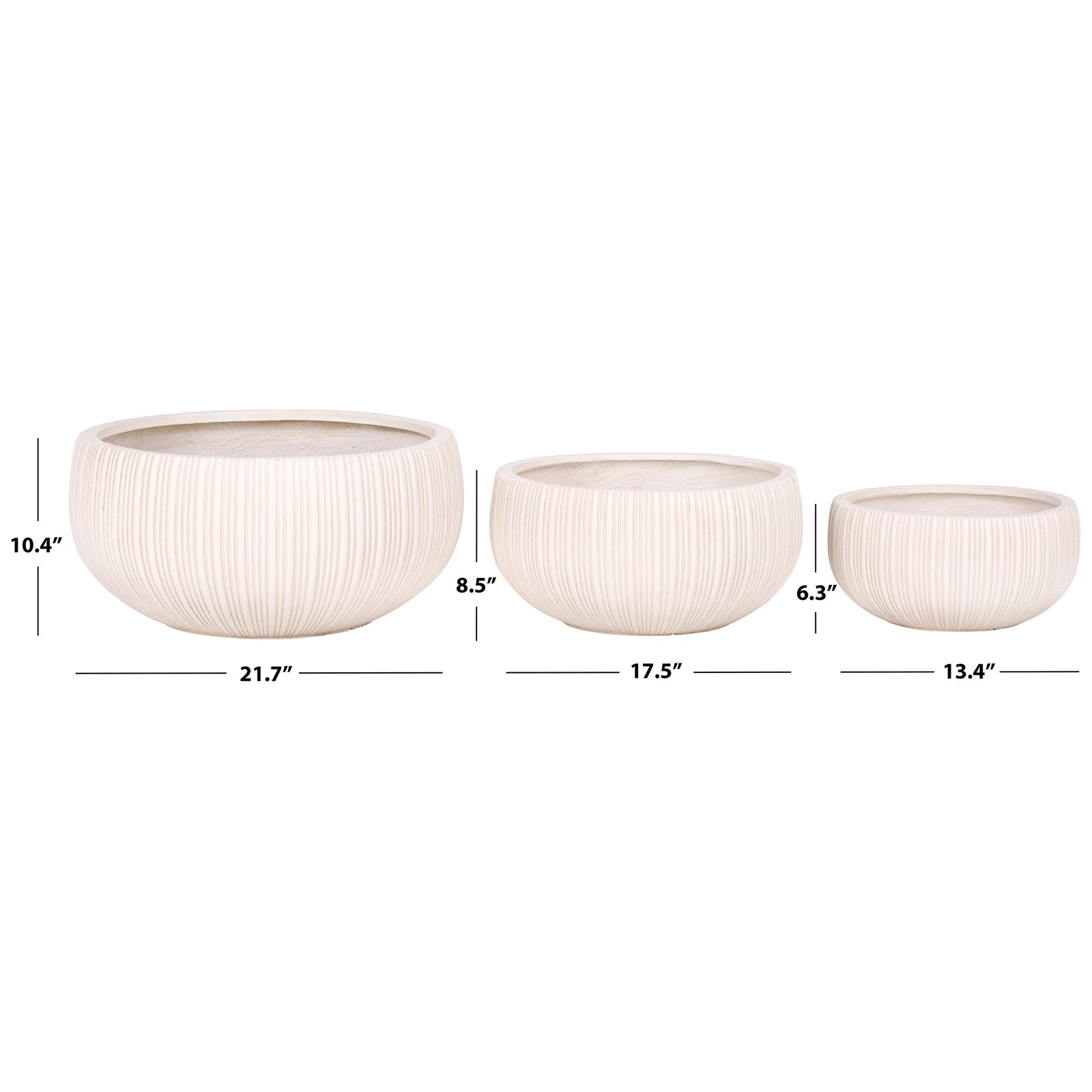 Three beige planters span 13.4 to 21.7 inches in width and 6.3 to 10.4 inches in height. || PAT4602B-SET3 || dimension_studio