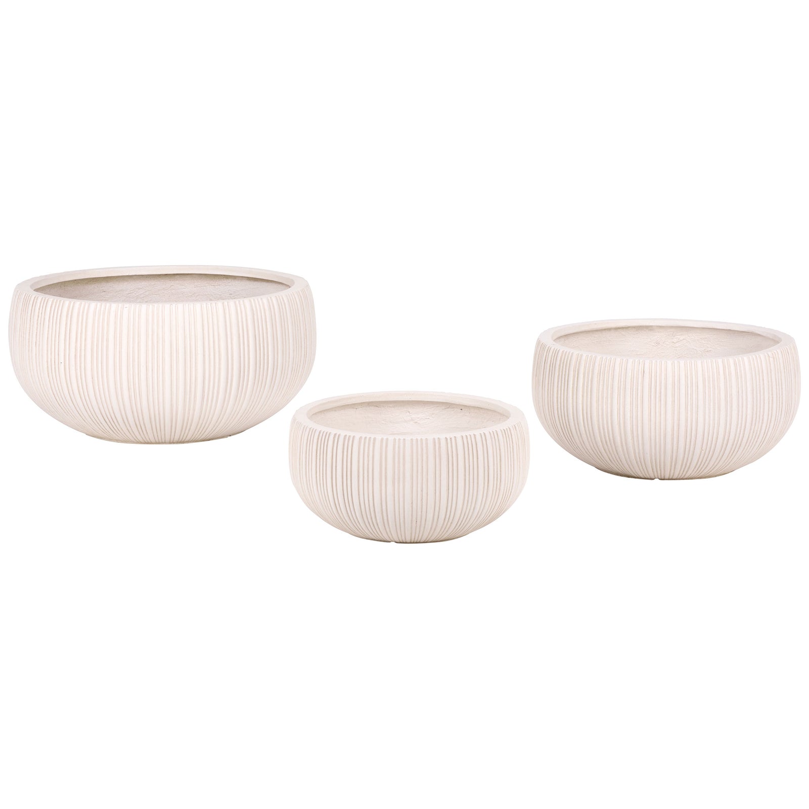 A trio of beige fiber clay planters pairs rounded bowl shapes with finely ribbed sides. || PAT4602B-SET3 || front_studio