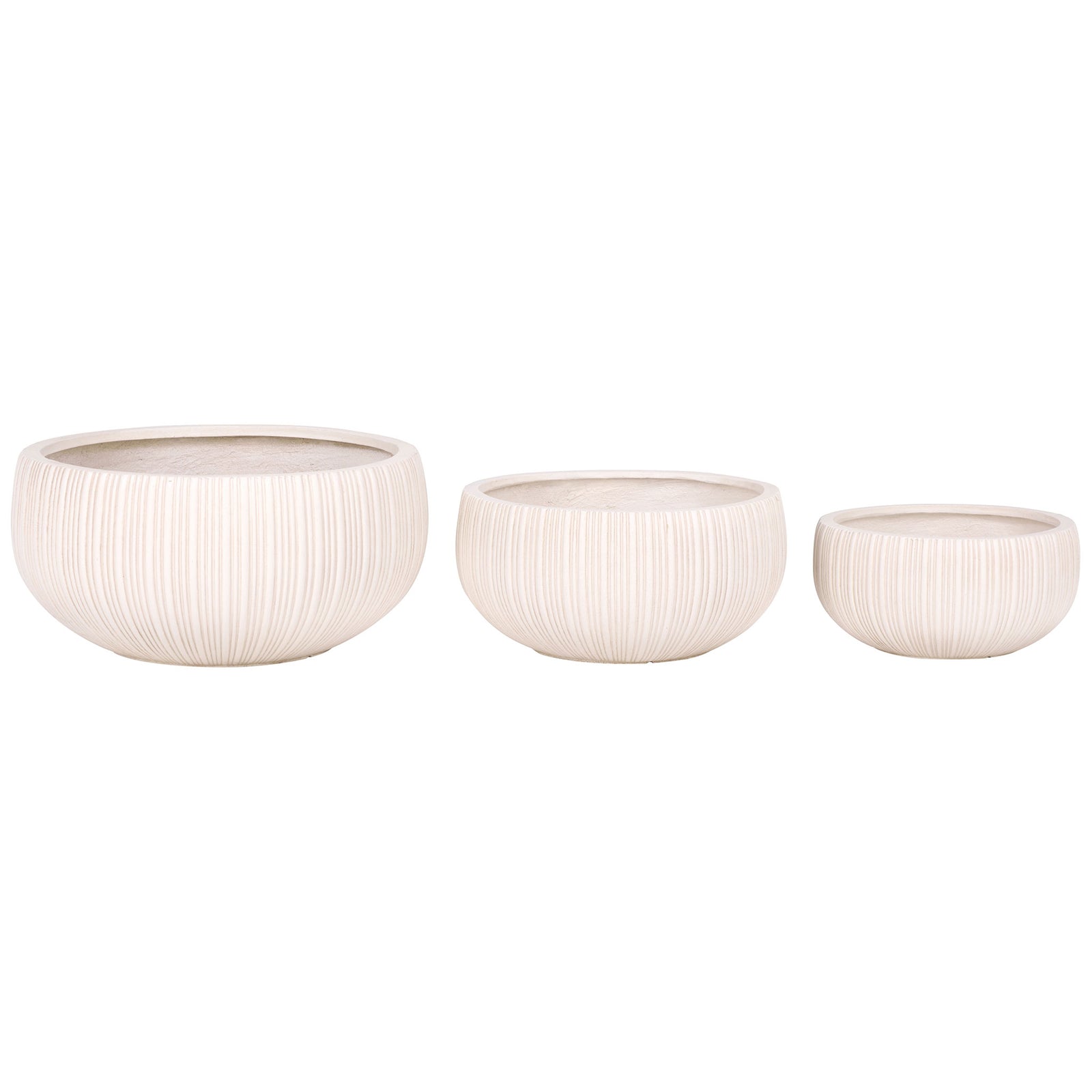 Large, medium and small beige planters offer graduated sizes and sculpted vertical ribs. || PAT4602B-SET3 || side_studio