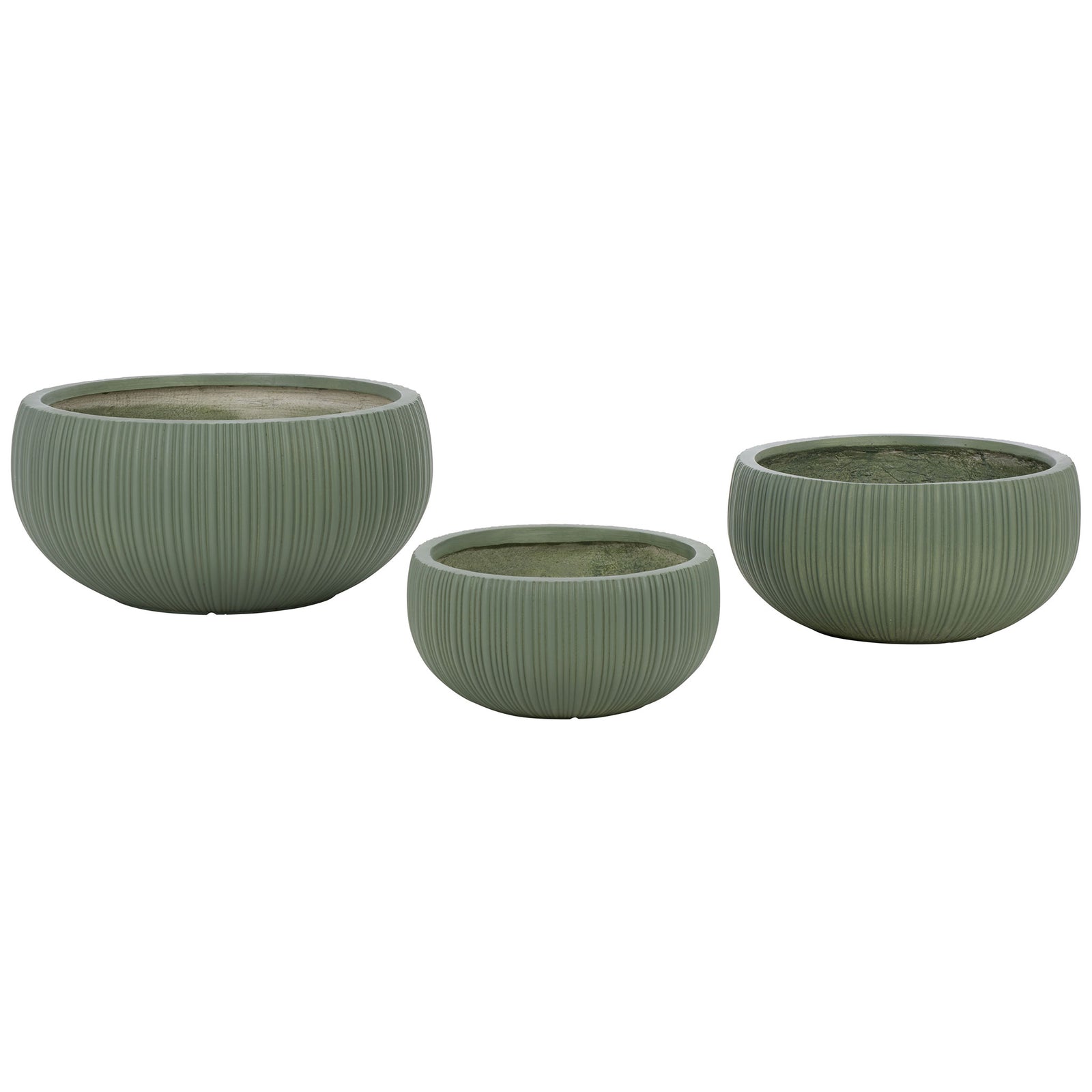Three sage green bowl planters bring graduated sizes and elegant fluted texture. || PAT4602C-SET3 || front_studio