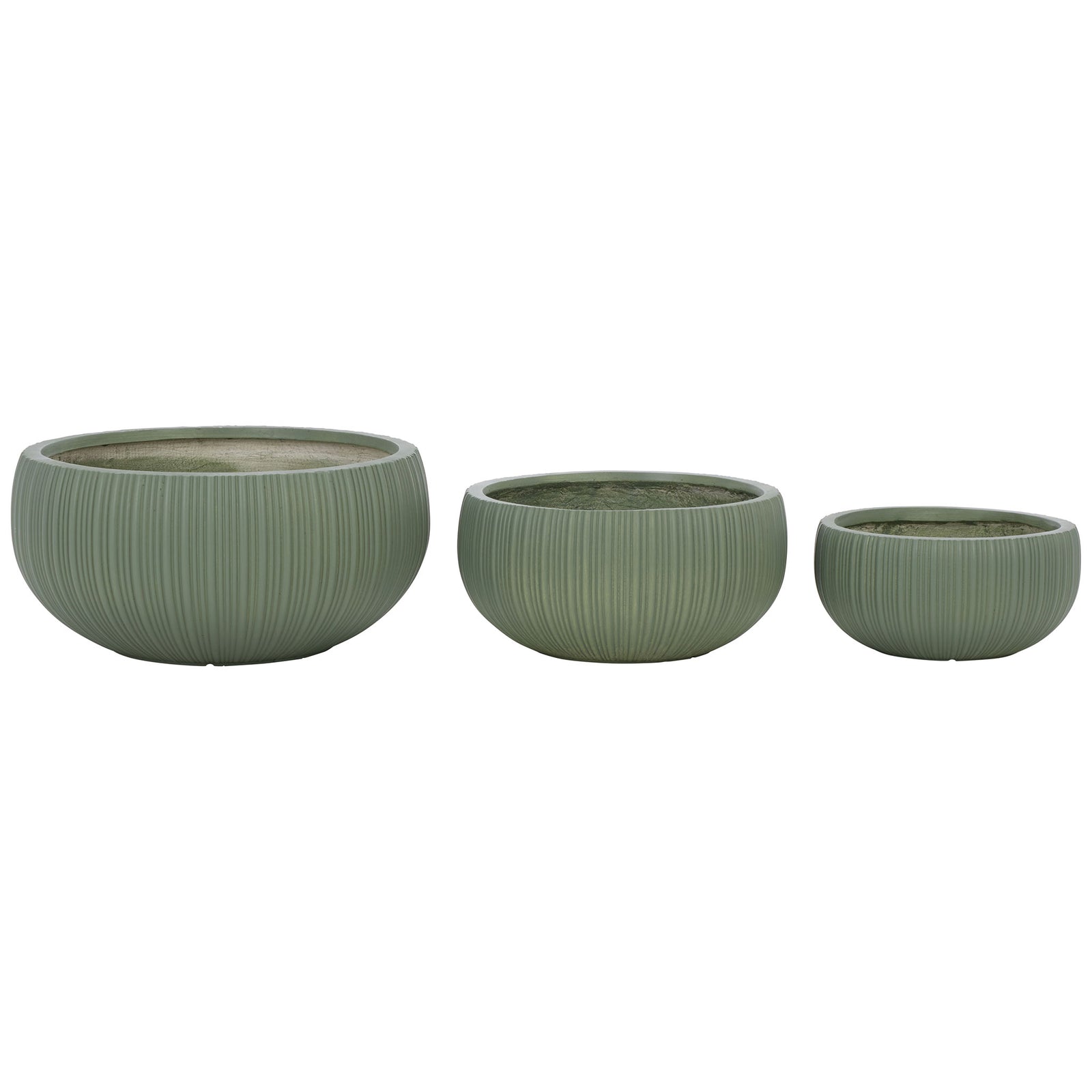 Low, rounded green planters create a cohesive grouping in three complementary sizes. || PAT4602C-SET3 || side_studio