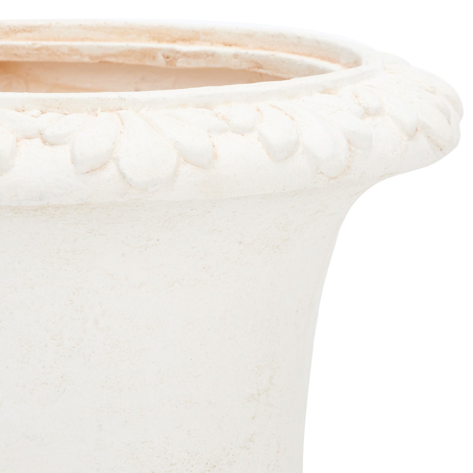 Raised leaf motifs trace the off-white planter's wide rim with softly aged accents. || PAT5037A || detail_studio