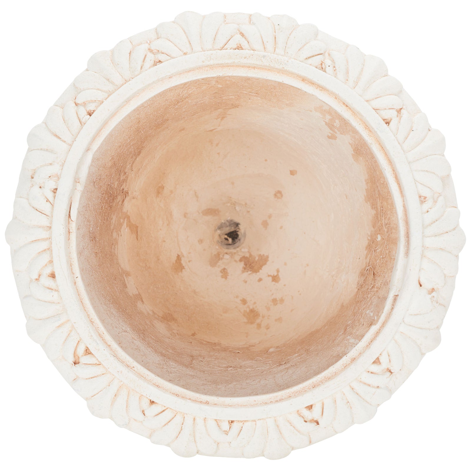 Off-white leafy rim circles a warm-toned planting bowl with a central drainage opening. || PAT5037A || top_studio