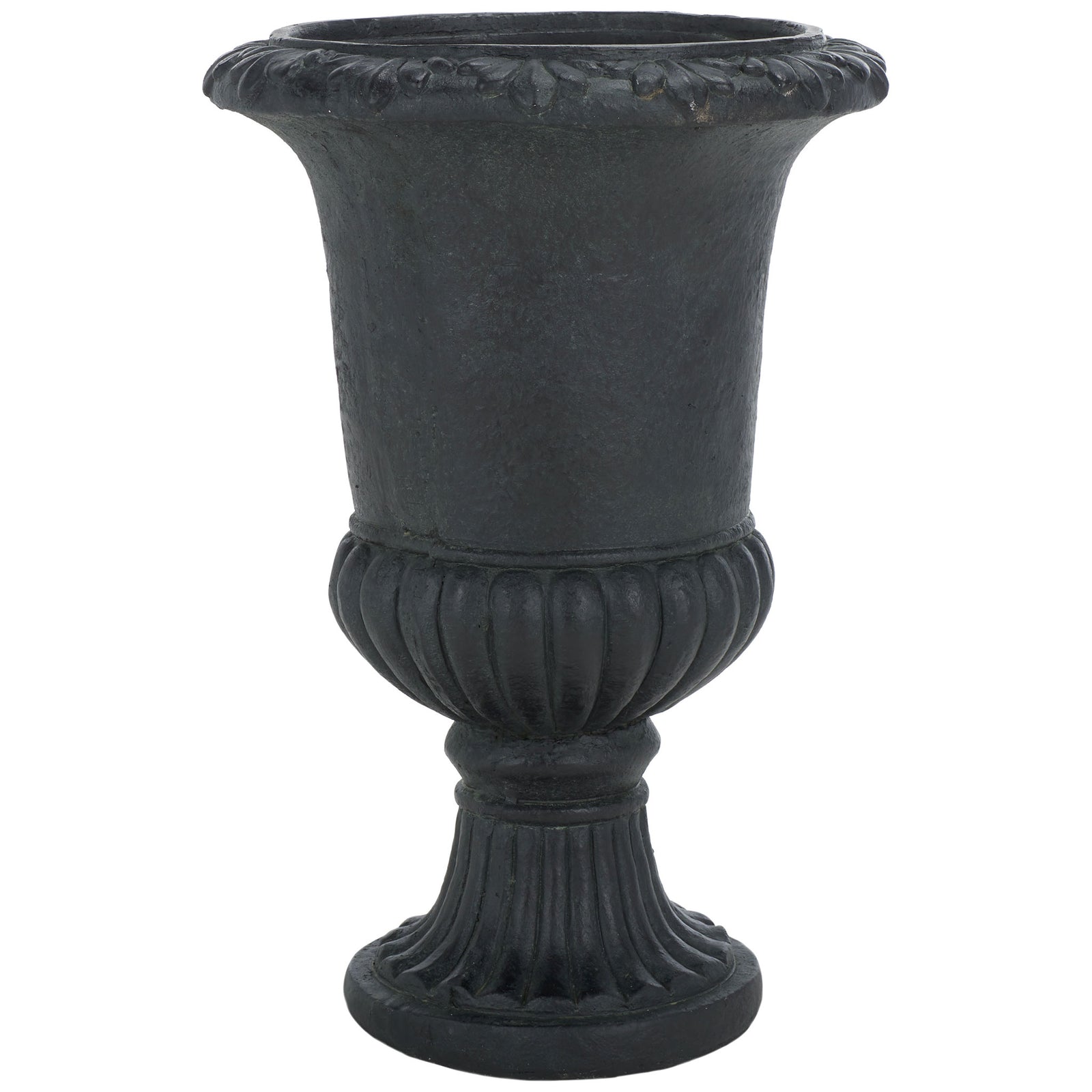 Classic black urn planter features a carved leafy rim, ribbed bowl, and fluted pedestal base. || PAT5037E || front_studio