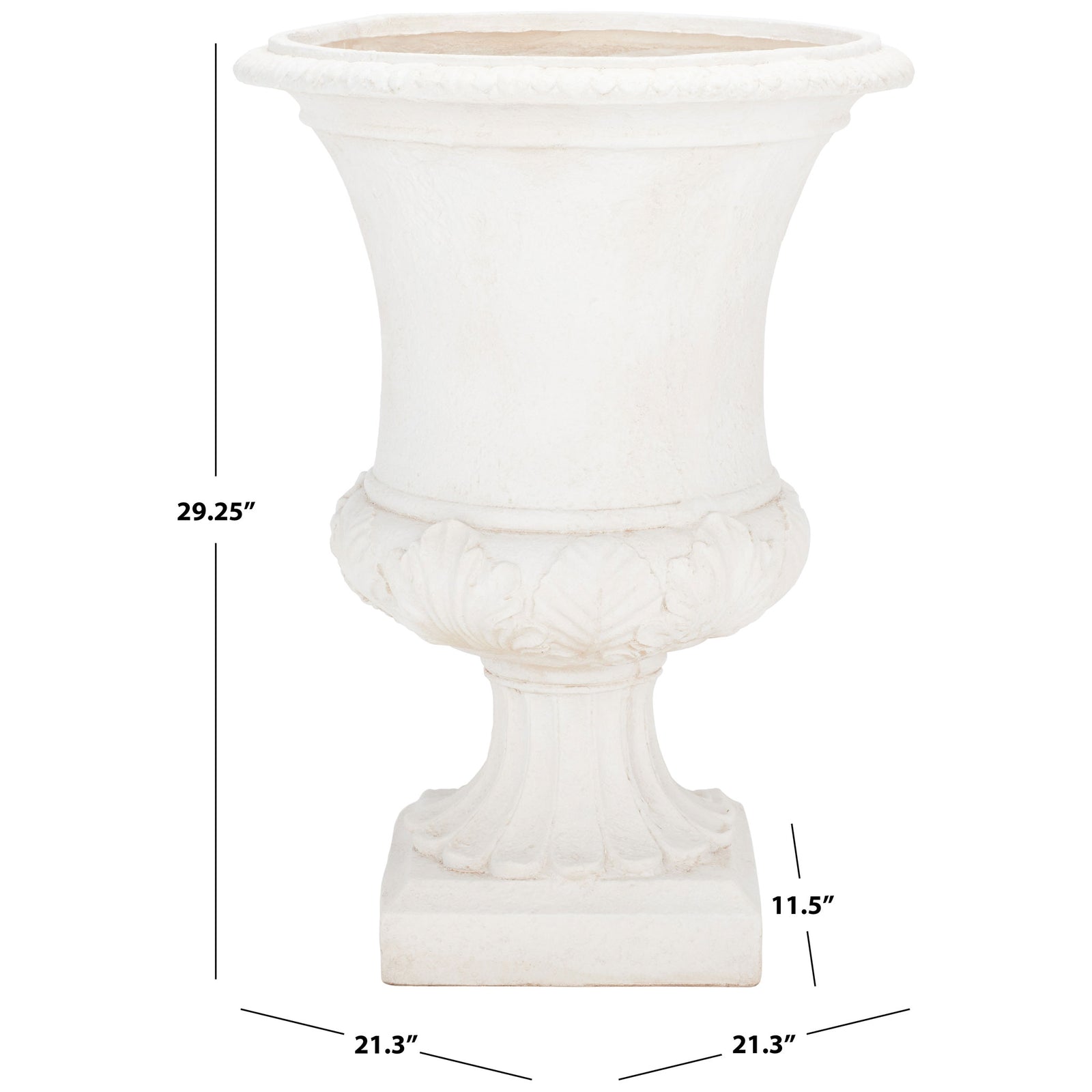 The off-white urn planter stands 29.25 inches tall, with a 21.3-inch-wide rim above a square base. || PAT5038A || dimension_studio