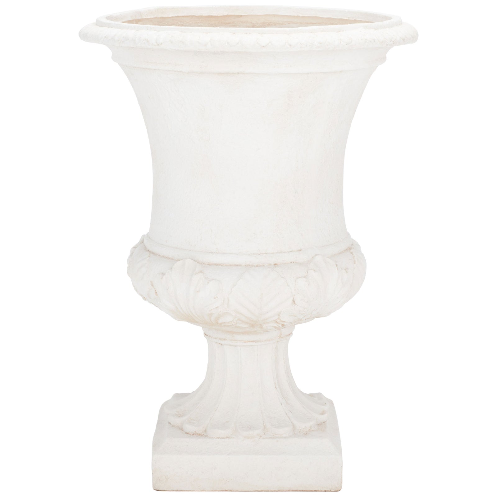 An off-white urn planter features a flared rim, carved foliage and a graceful fluted pedestal. || PAT5038A || front_studio