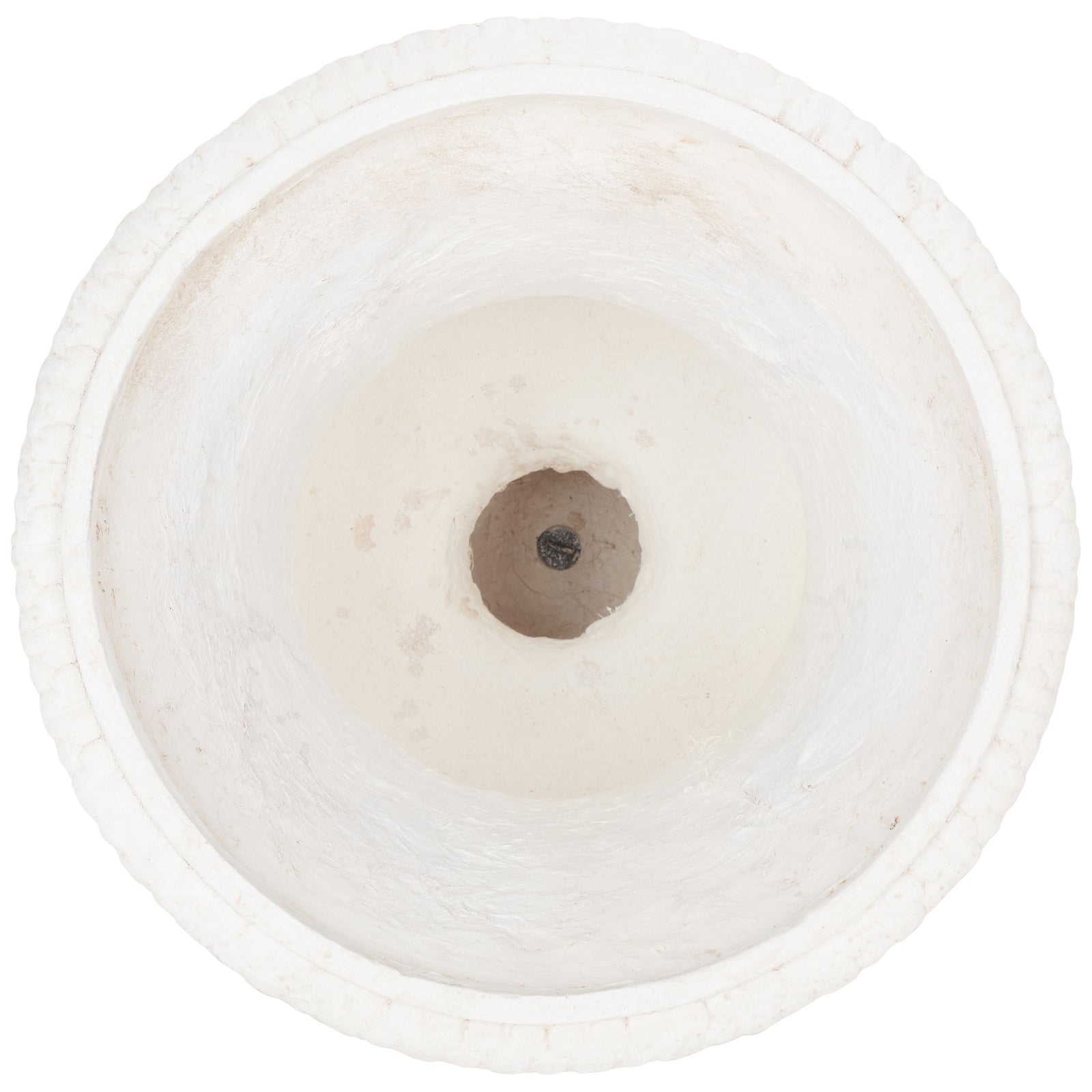 A broad off-white rim encircles the planter's tapered basin and central drainage opening. || PAT5038A || top_studio