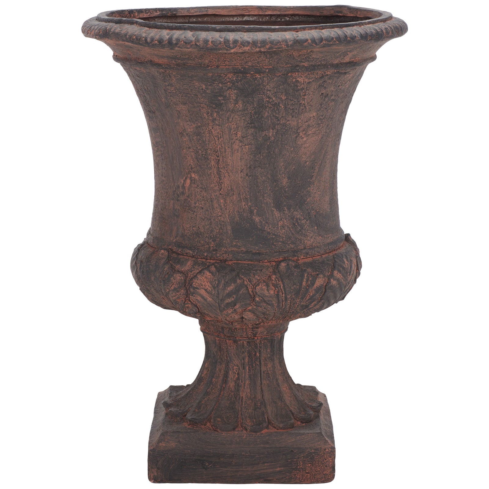 An antiqued brown urn planter combines a flared rim, leafy relief and a fluted pedestal. || PAT5038B || front_studio