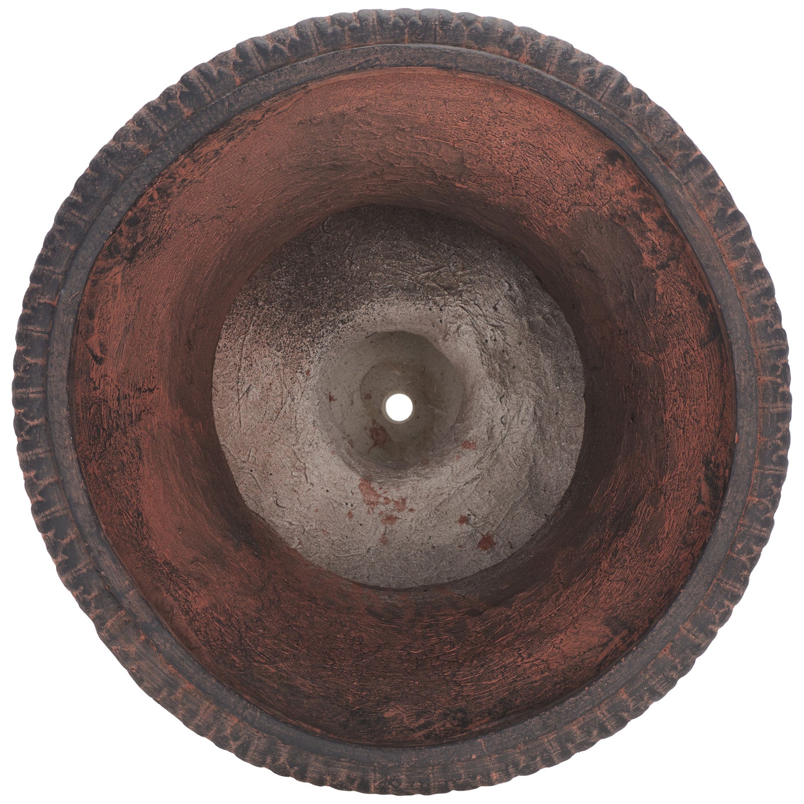 A broad brown basin with a raised rim reveals a deep interior and central drainage hole. || PAT5038B || top_studio