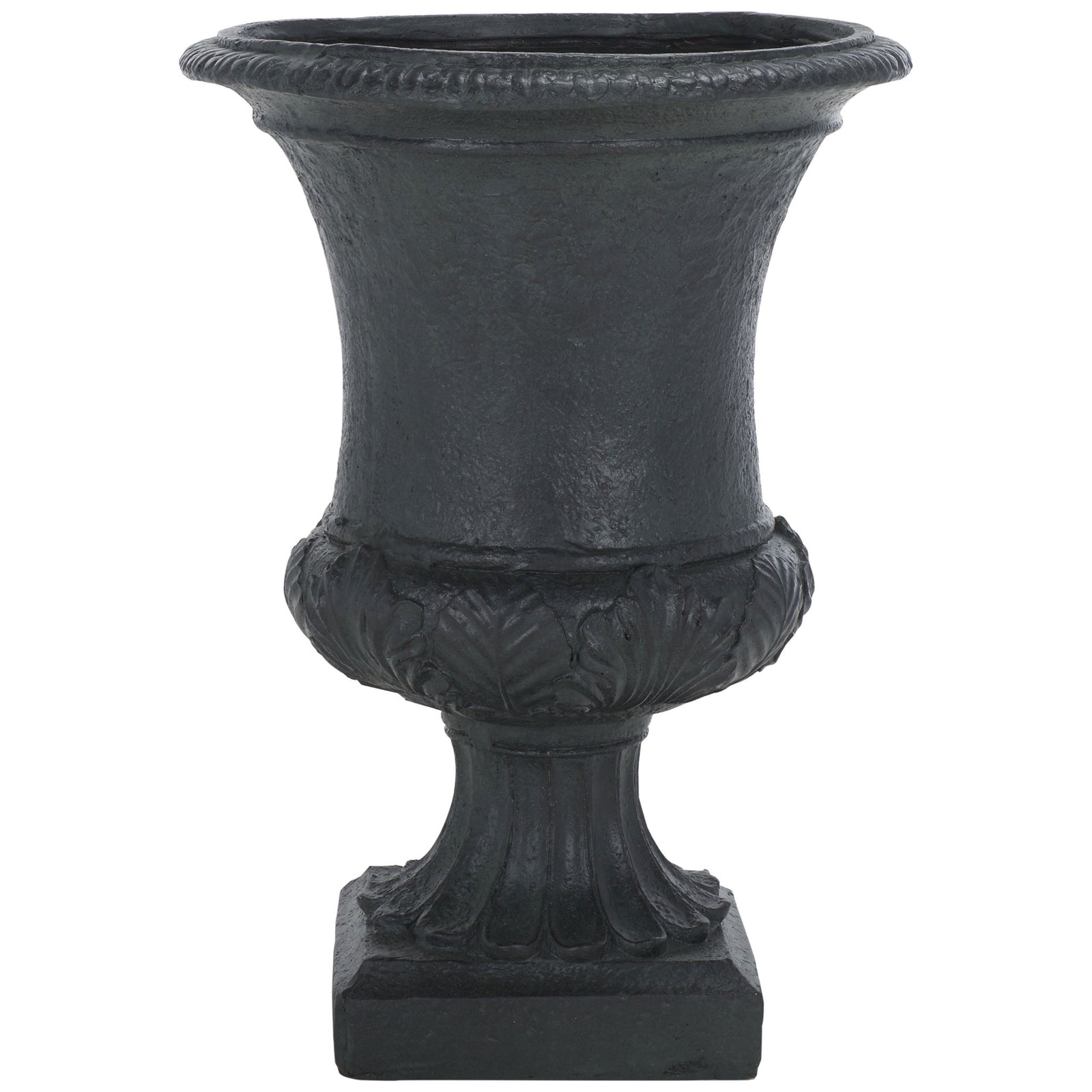A black urn planter pairs a flared rim with leafy relief and a fluted pedestal. || PAT5038E || front_studio