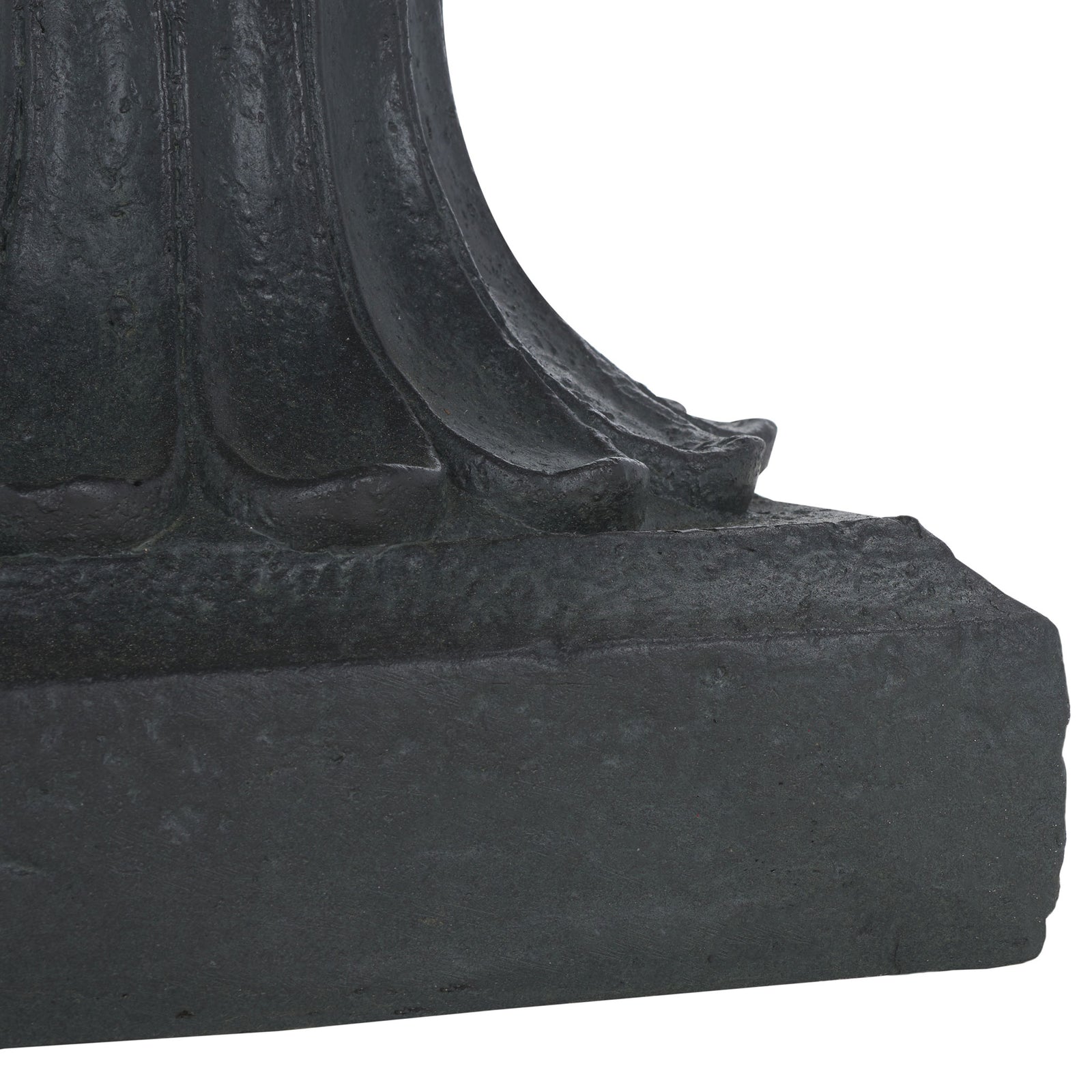 A fluted black pedestal flows into a square base with an aged, stone-like texture. || PAT5038E || leg_studio