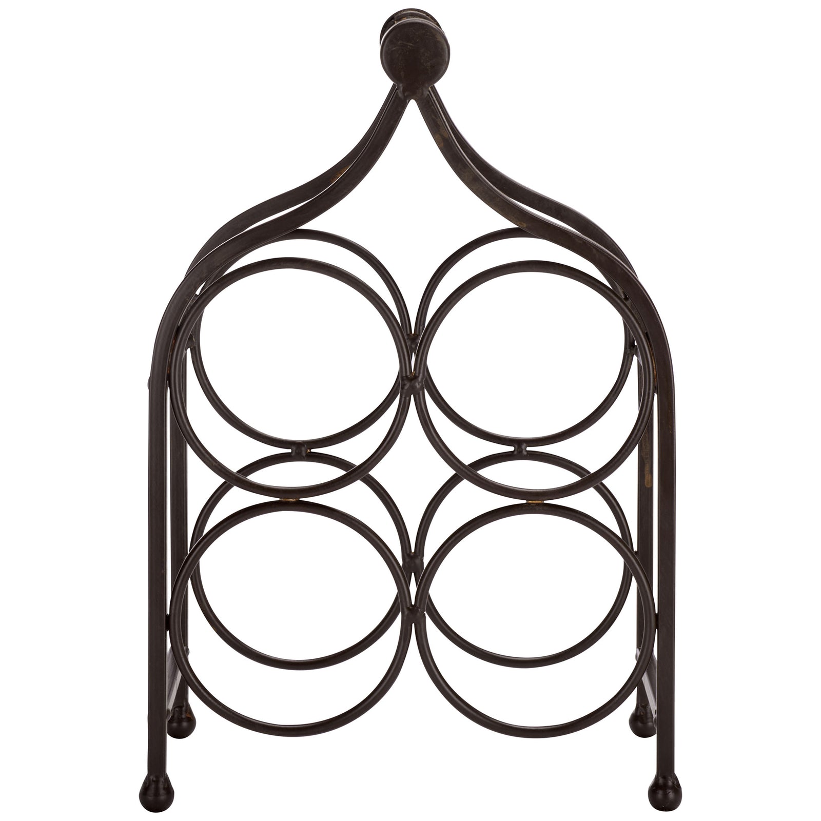 Four rounded bottle slots give this brown iron holder a balanced, open design. || PAT5041B || front_studio