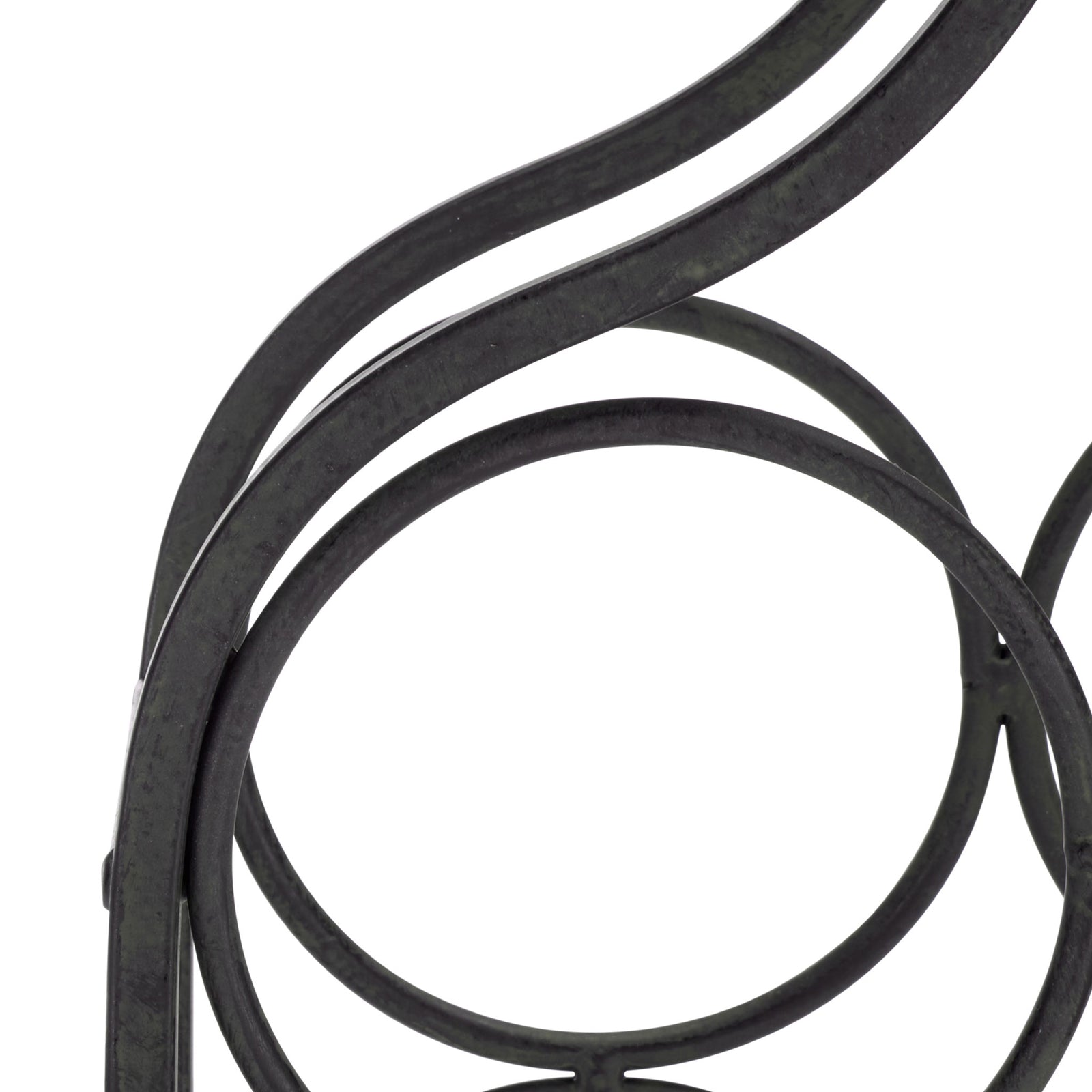 A circular black iron cradle holds bottles securely beneath graceful curved supports. || PAT5041E || storage_studio
