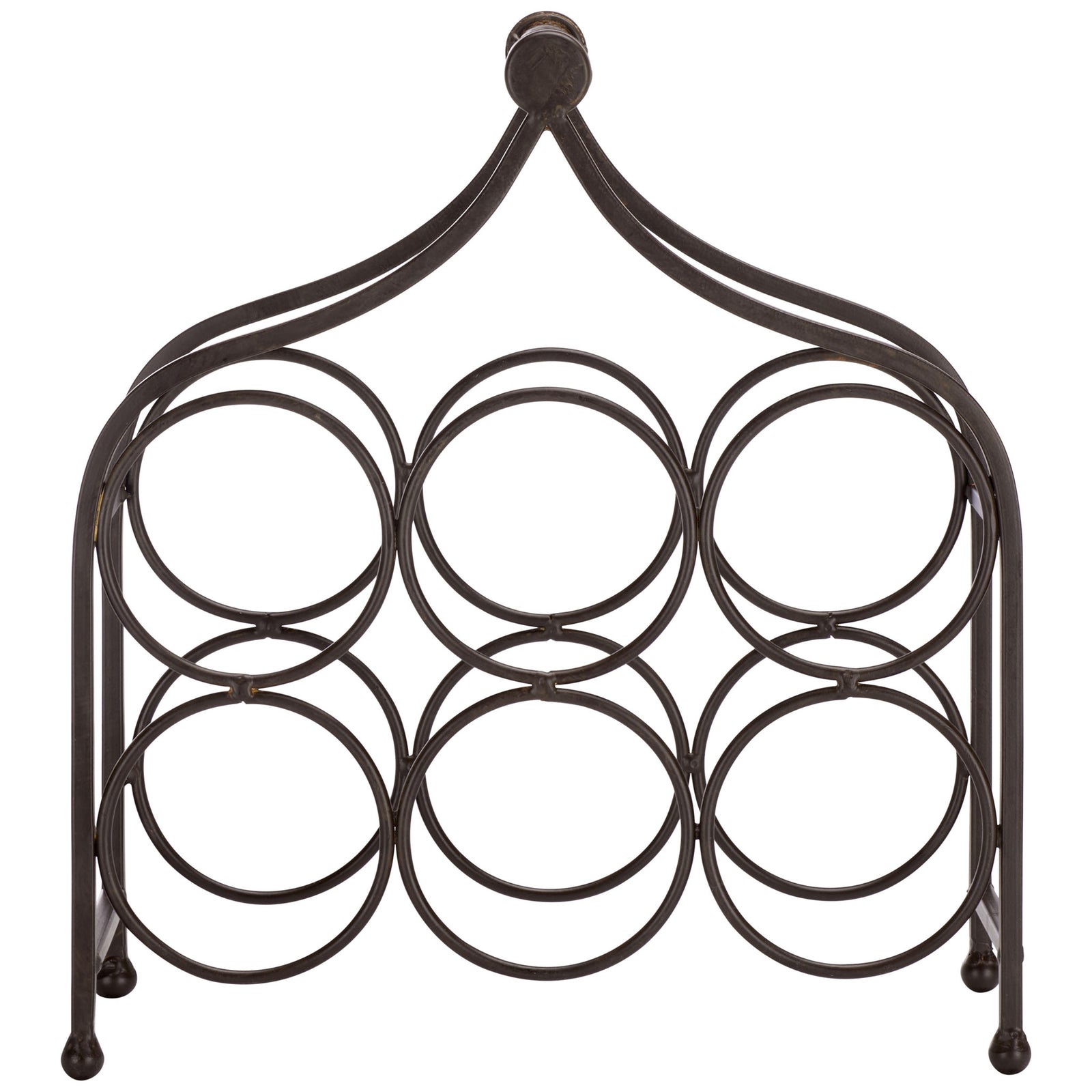 Six round bottle cradles create a symmetrical display in warm brown iron. || PAT5042B || front_studio