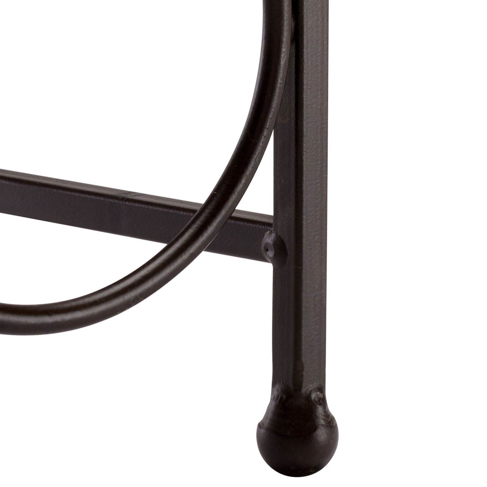 Rounded brown iron feet support the six-bottle holder's openwork frame. || PAT5042B || leg_studio