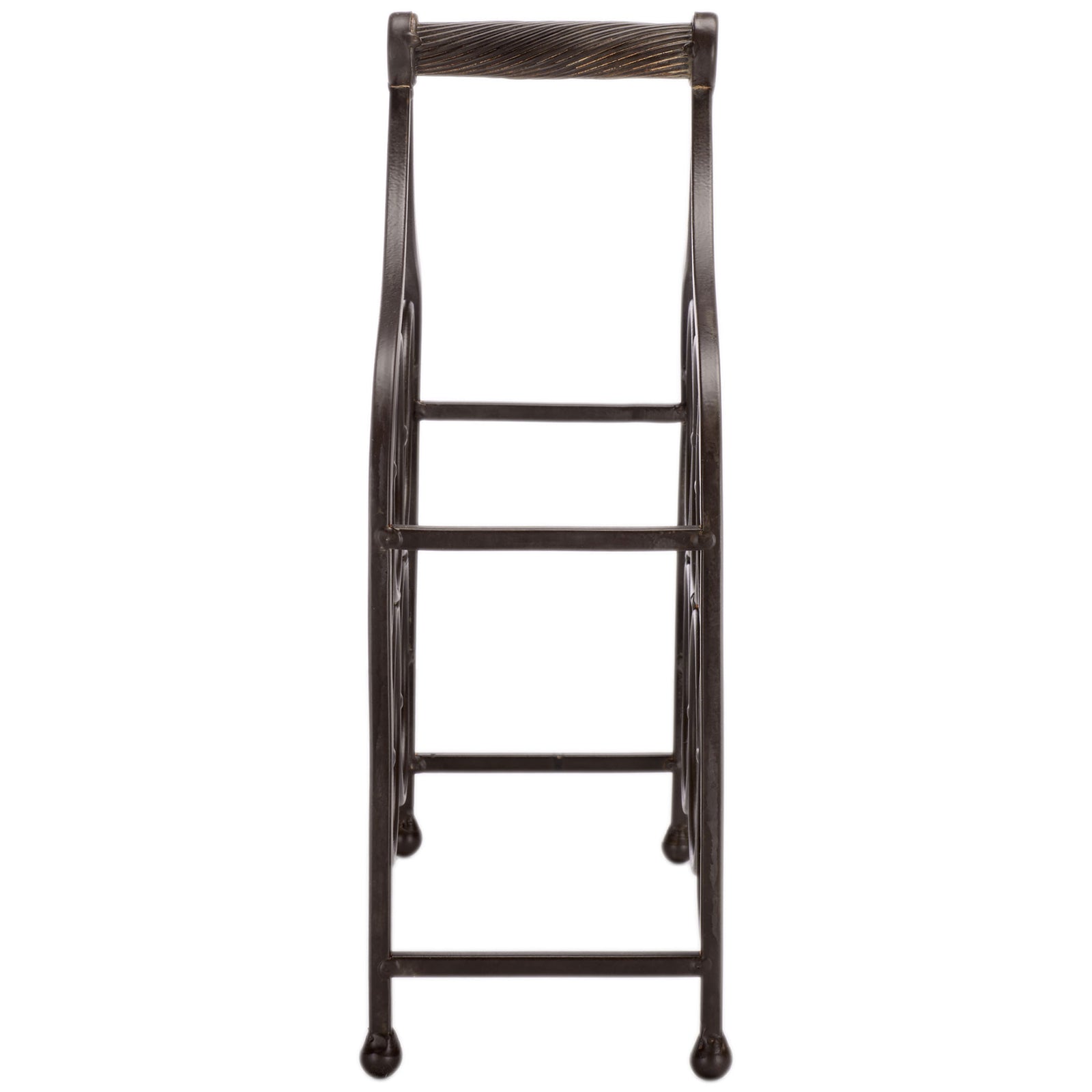 A slender brown iron frame supports six bottles without crowding a table. || PAT5042B || side_studio