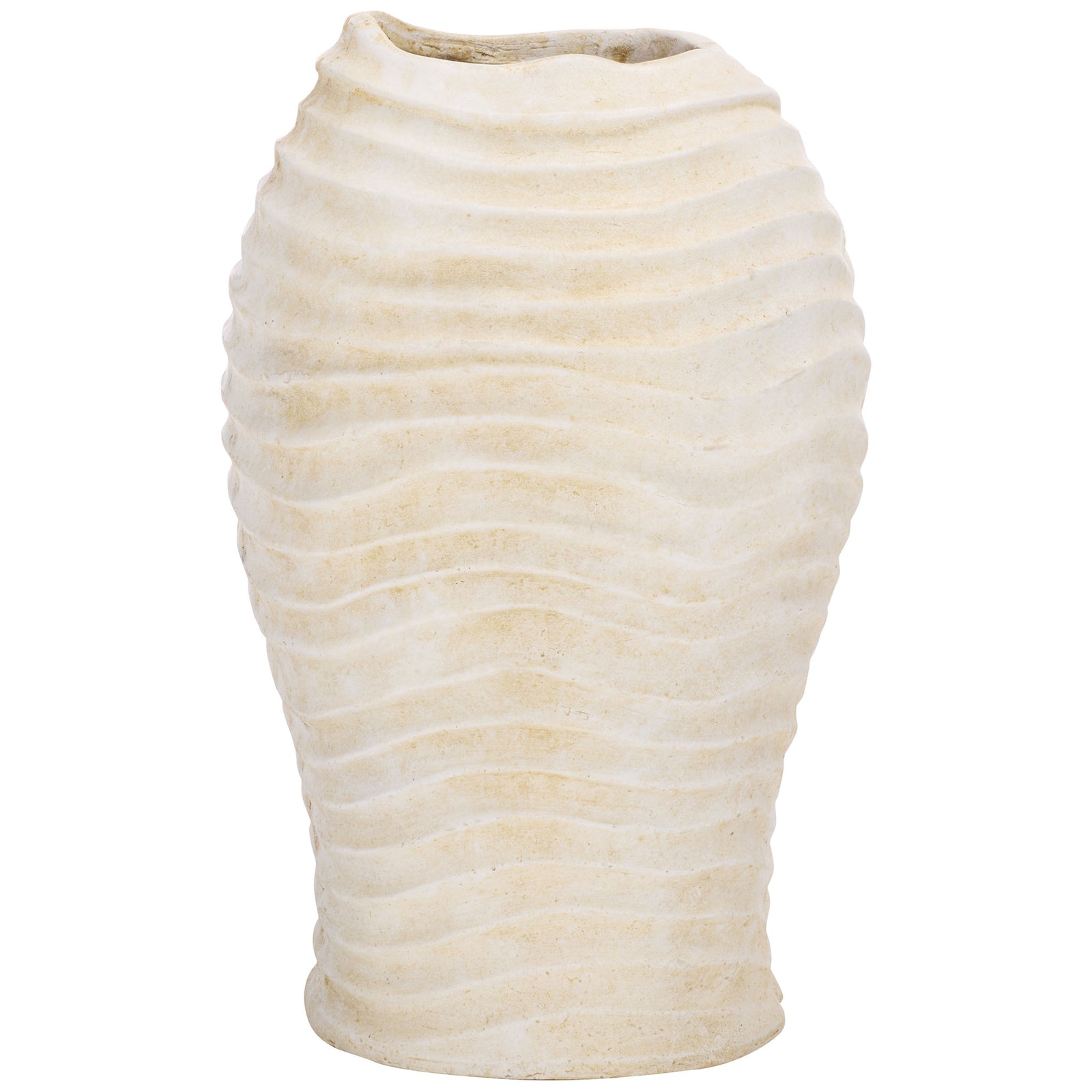 Sculpted off-white planter features an oval body, rounded shoulders, and rippling ridges || PAT5043A || front_studio