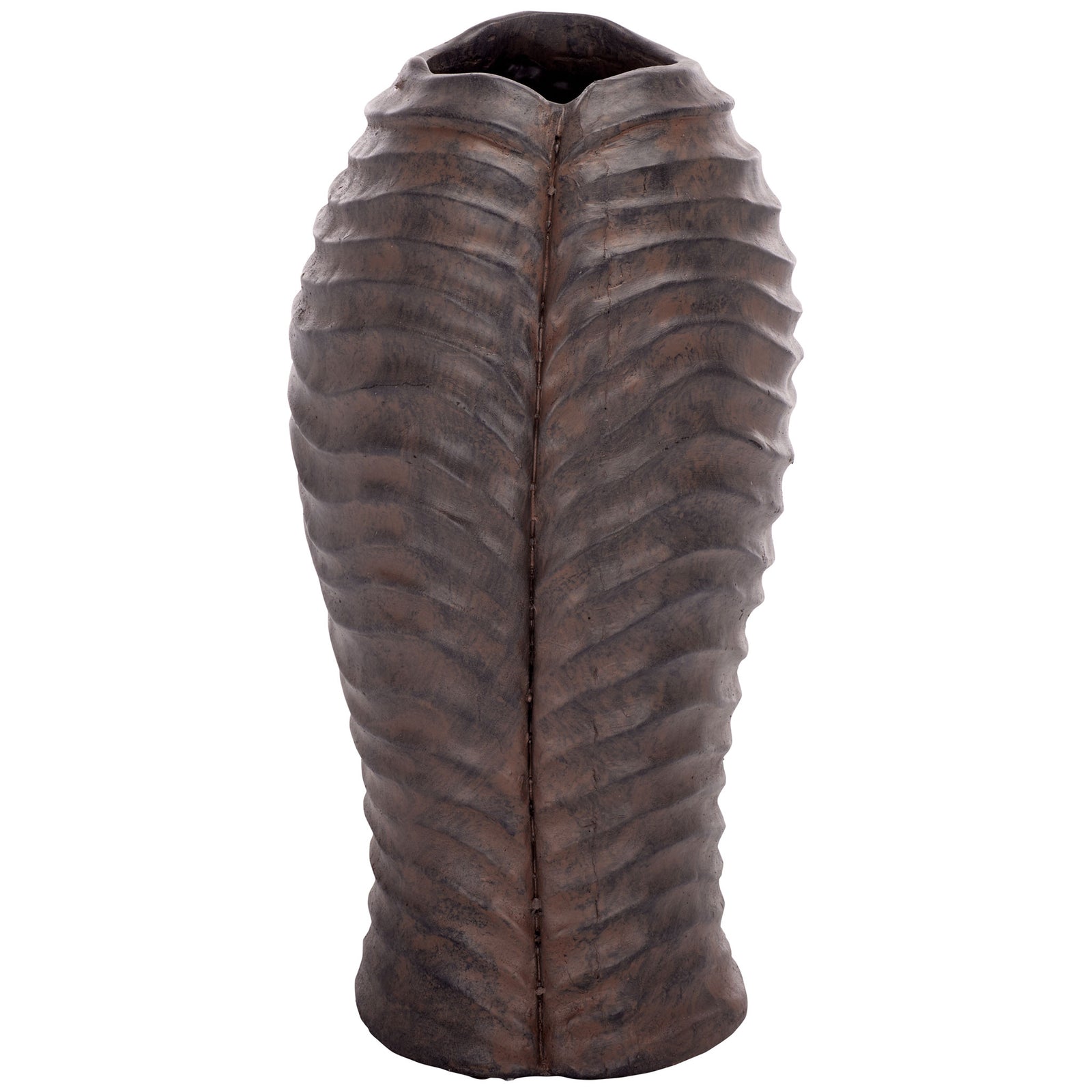 A fine vertical crease runs through the brown planter's narrow, undulating form || PAT5043B || side_studio
