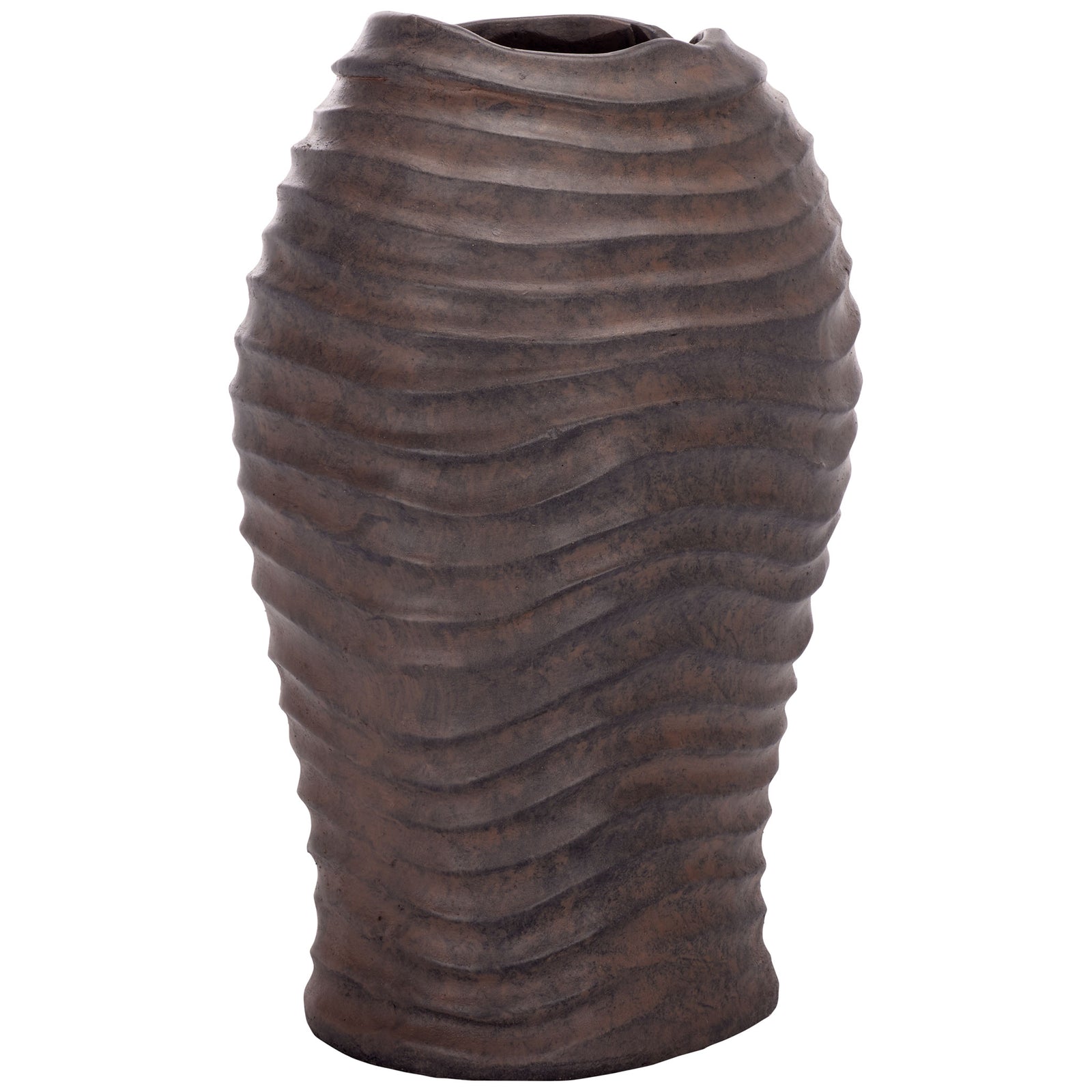 Sculpted waves wrap around the brown planter's rounded body and taper toward the base || PAT5043B || front_angle_studio