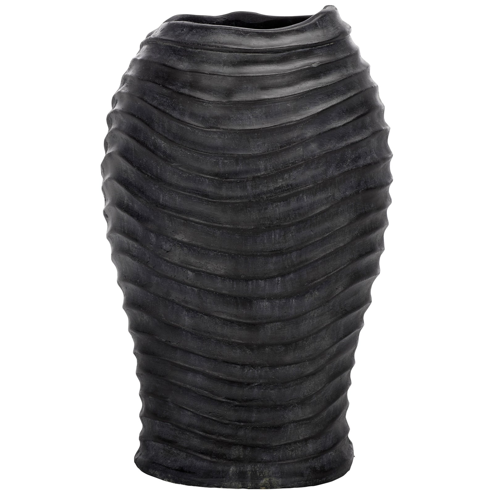Deep black planter has sculpted waves, a softly uneven rim, and a tapered base || PAT5043E || back_studio