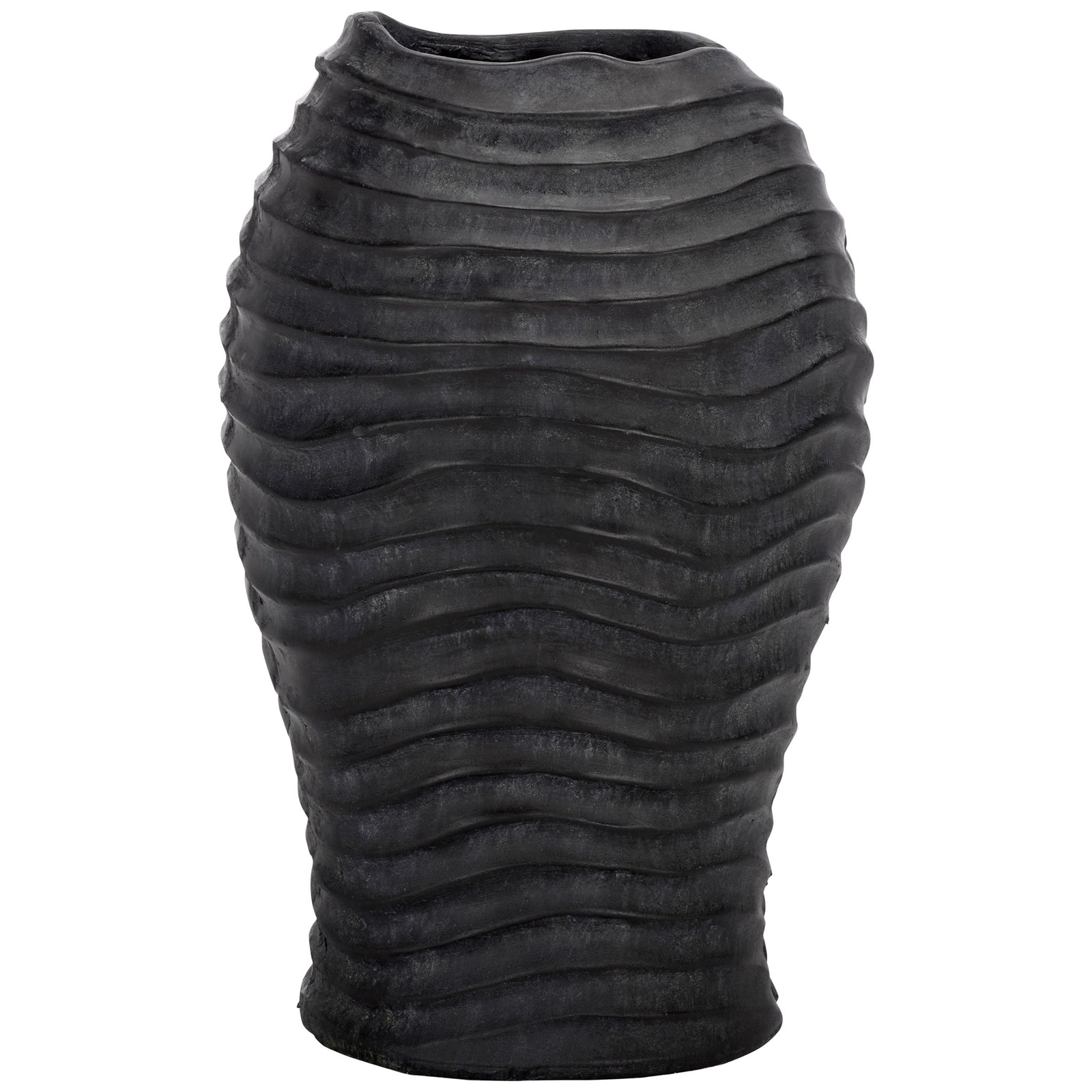 Tall black planter pairs a rounded oval silhouette with deeply sculpted horizontal waves || PAT5043E || front_studio