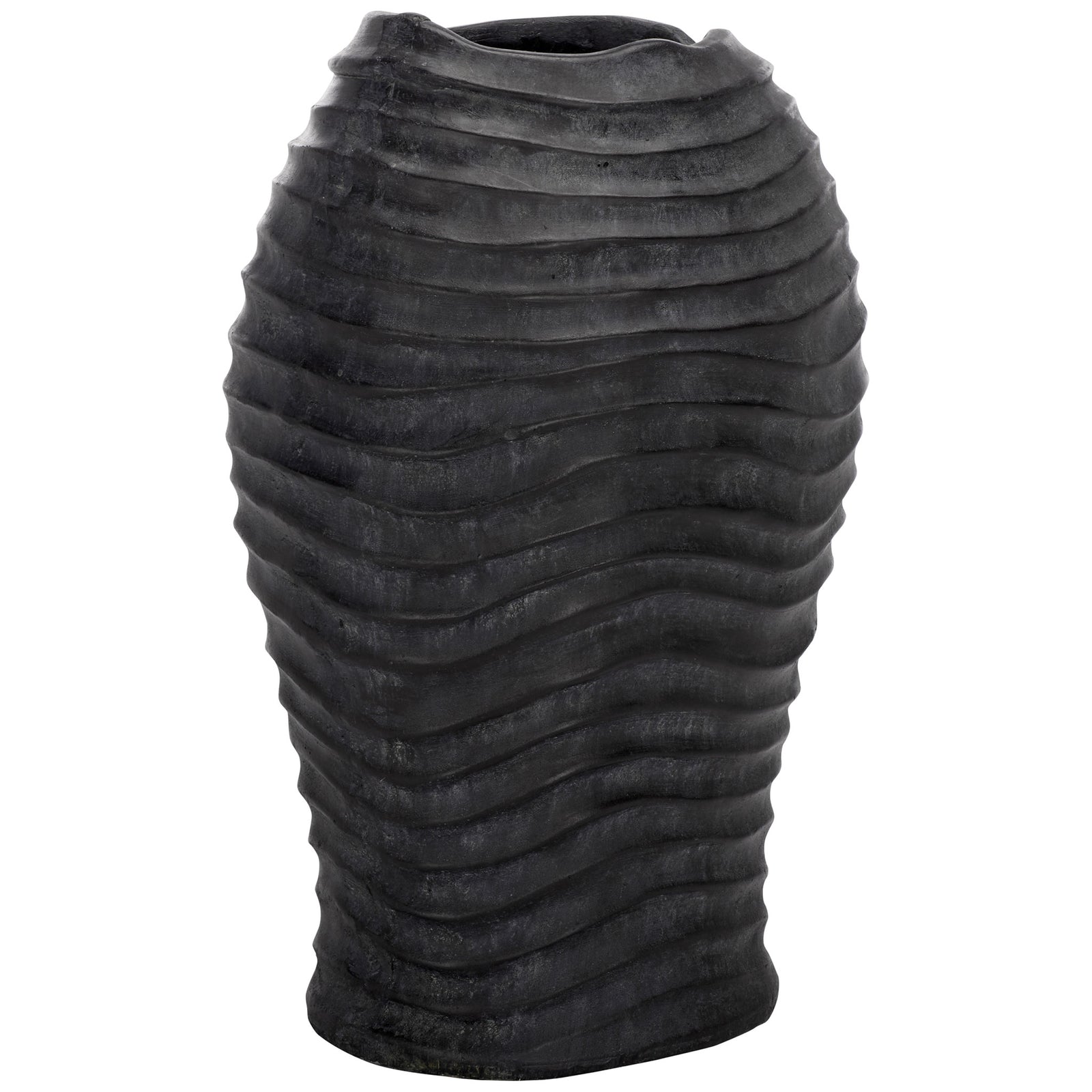 Flowing ridges wrap around the black planter's rounded body and narrow toward its base || PAT5043E || front_angle_studio