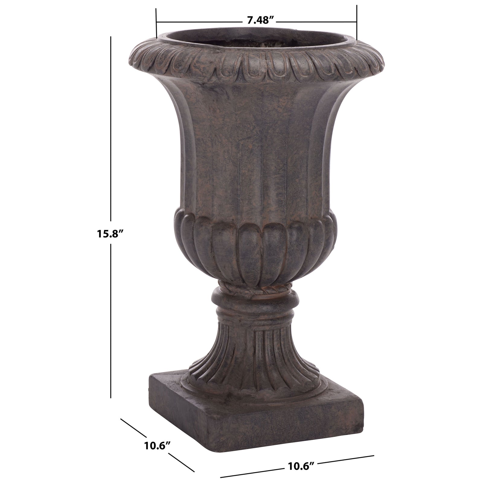 This brown pedestal planter stands 15.8 inches tall with a 10.6-inch square base and 7.48-inch opening. || PAT5045B || dimension_studio