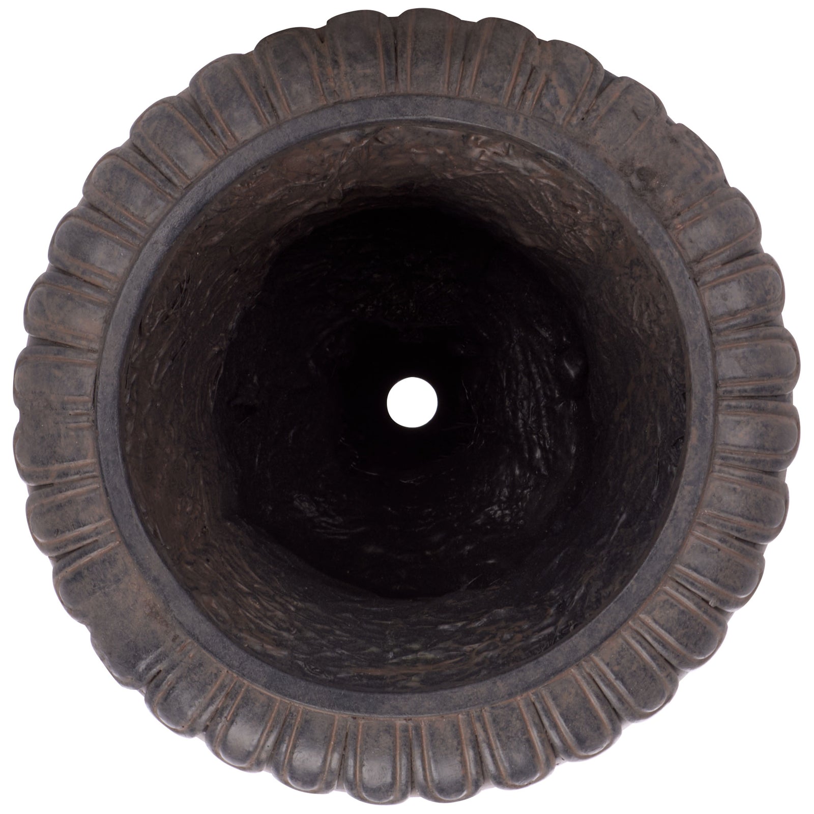 The brown planter's scalloped rim frames a deep vessel with a drainage hole at its base. || PAT5045B || top_studio