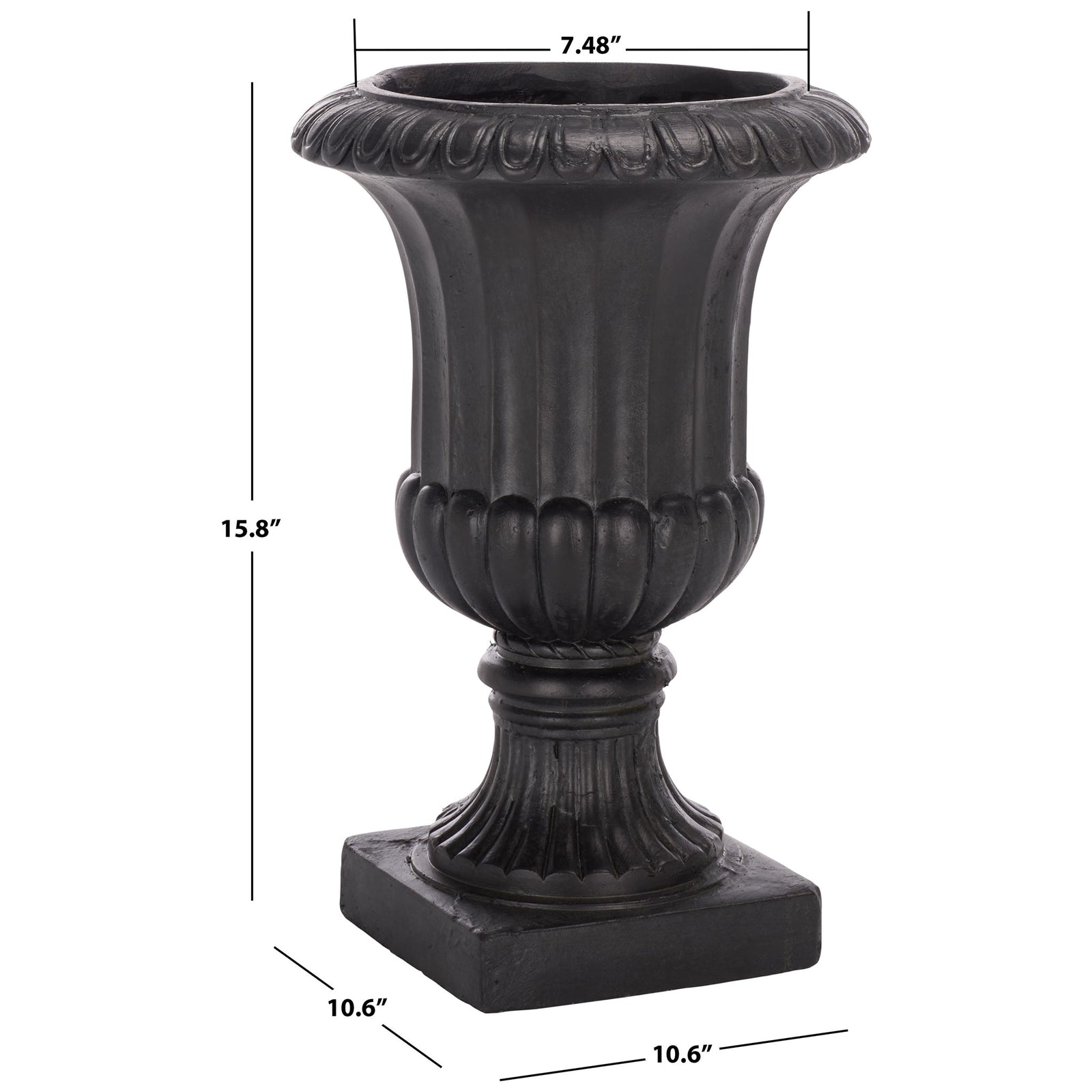 At 15.8 inches tall, the black planter has a 10.6-inch square base and a 7.48-inch opening. || PAT5045E || dimension_studio