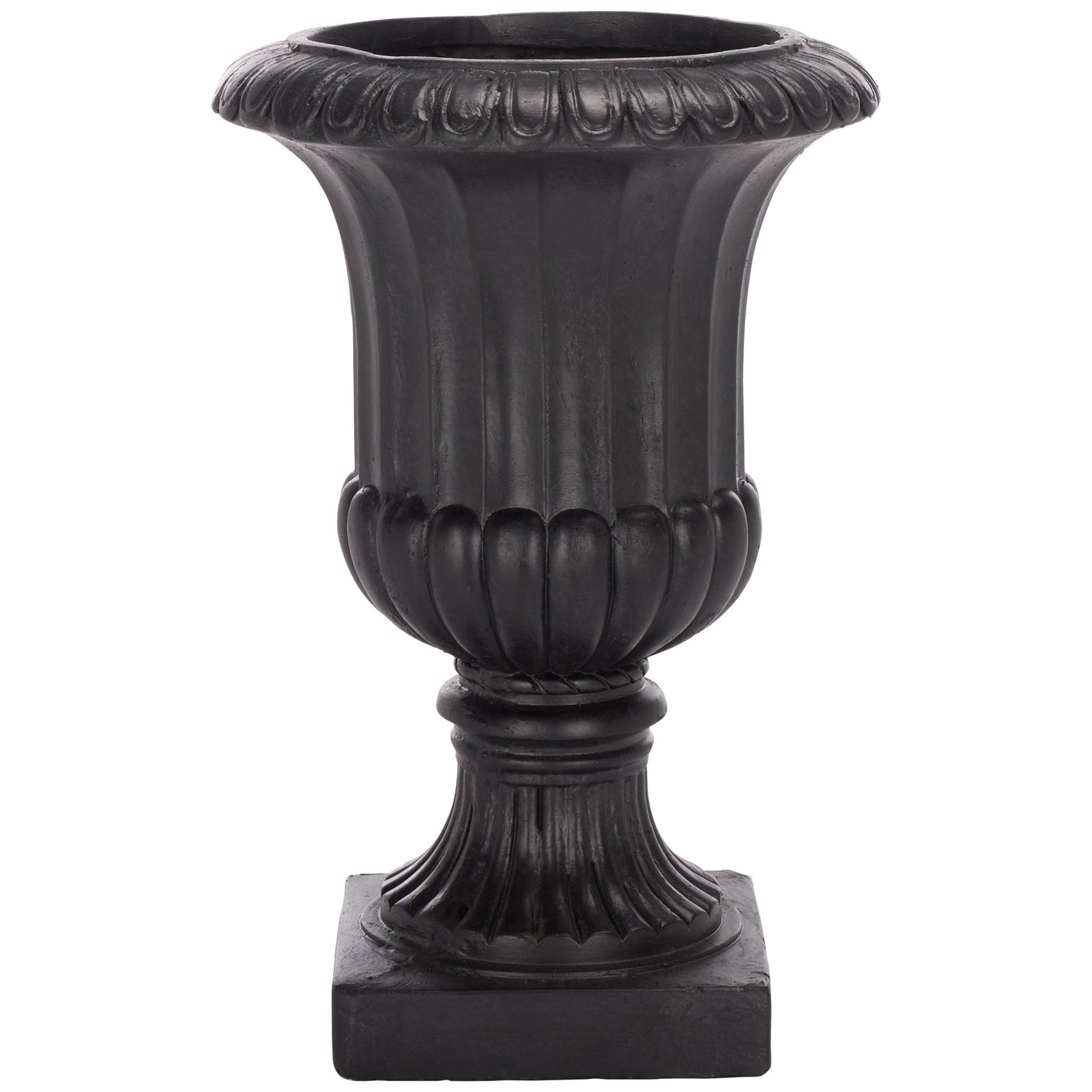 Black urn-shaped planter pairs a decorative flared rim and fluted bowl with a square pedestal base. || PAT5045E || front_studio