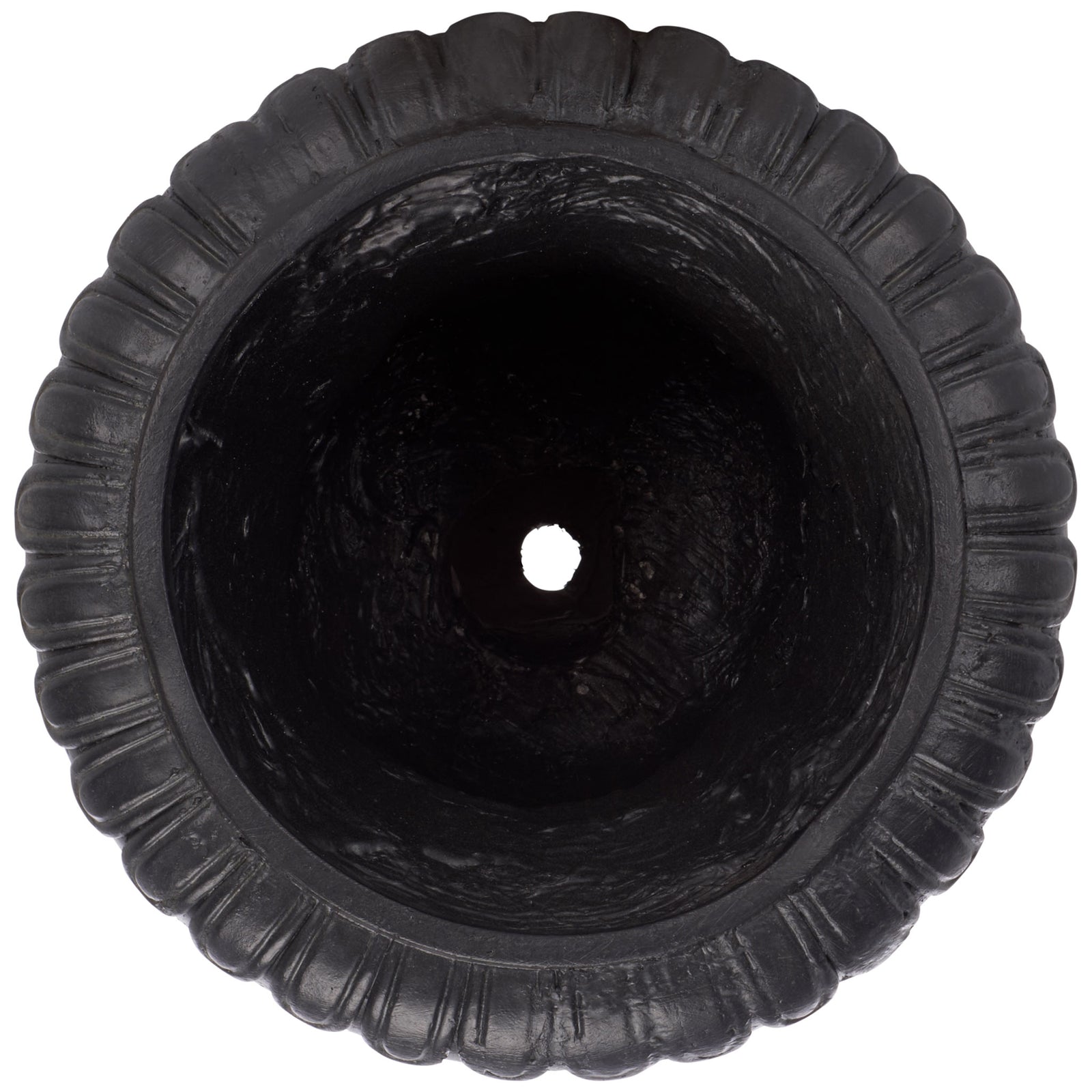A ridged black rim surrounds the deep planting cavity and its central drainage hole. || PAT5045E || top_studio