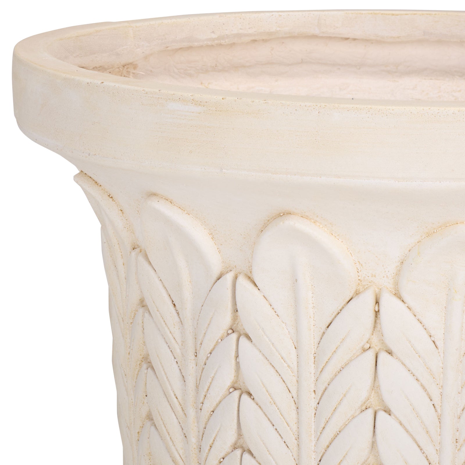 A thick off-white rim crowns graceful botanical relief in a softly aged finish || PAT5046A || detail_studio