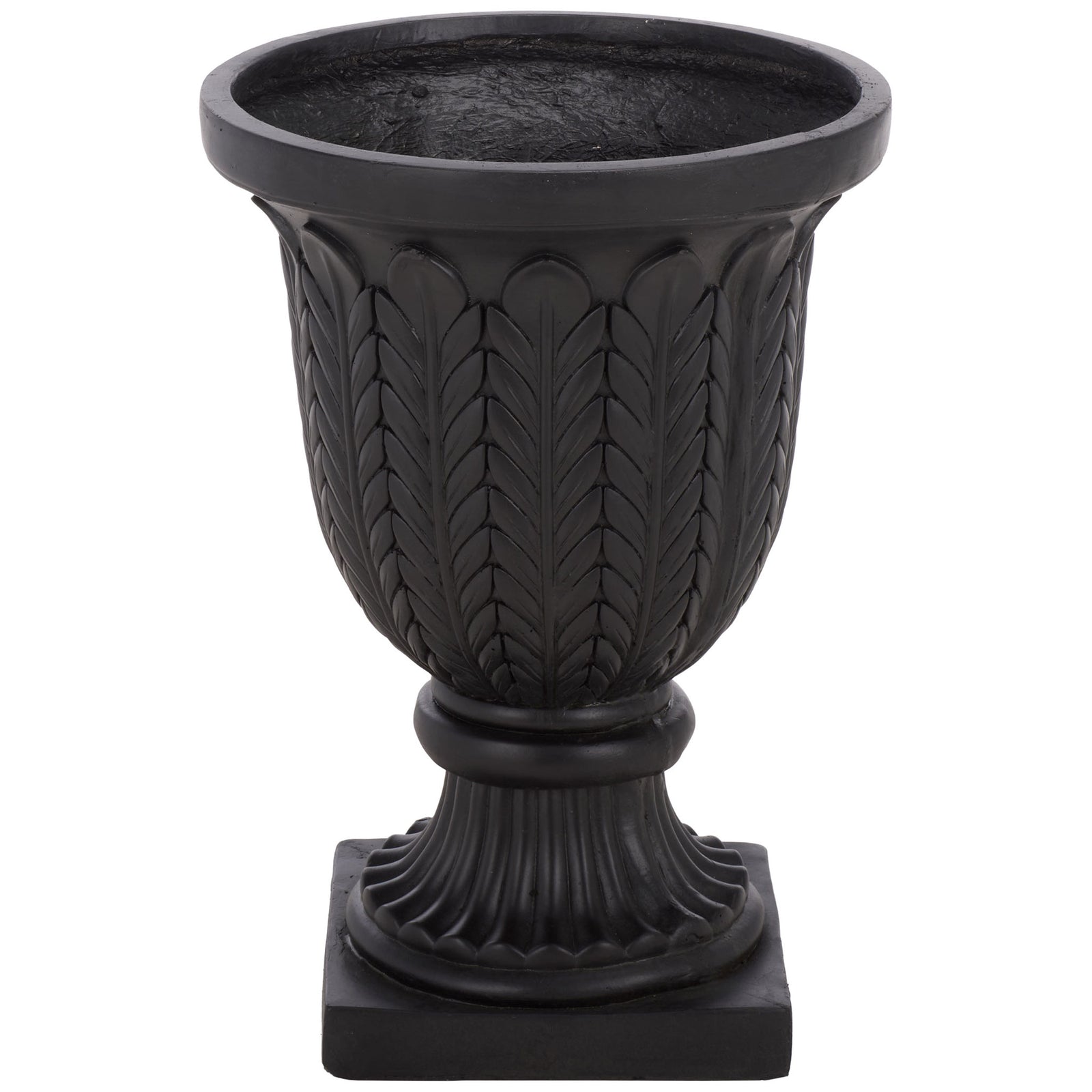 A black urn planter pairs raised leaf motifs with a fluted pedestal and square base || PAT5046E || front_studio