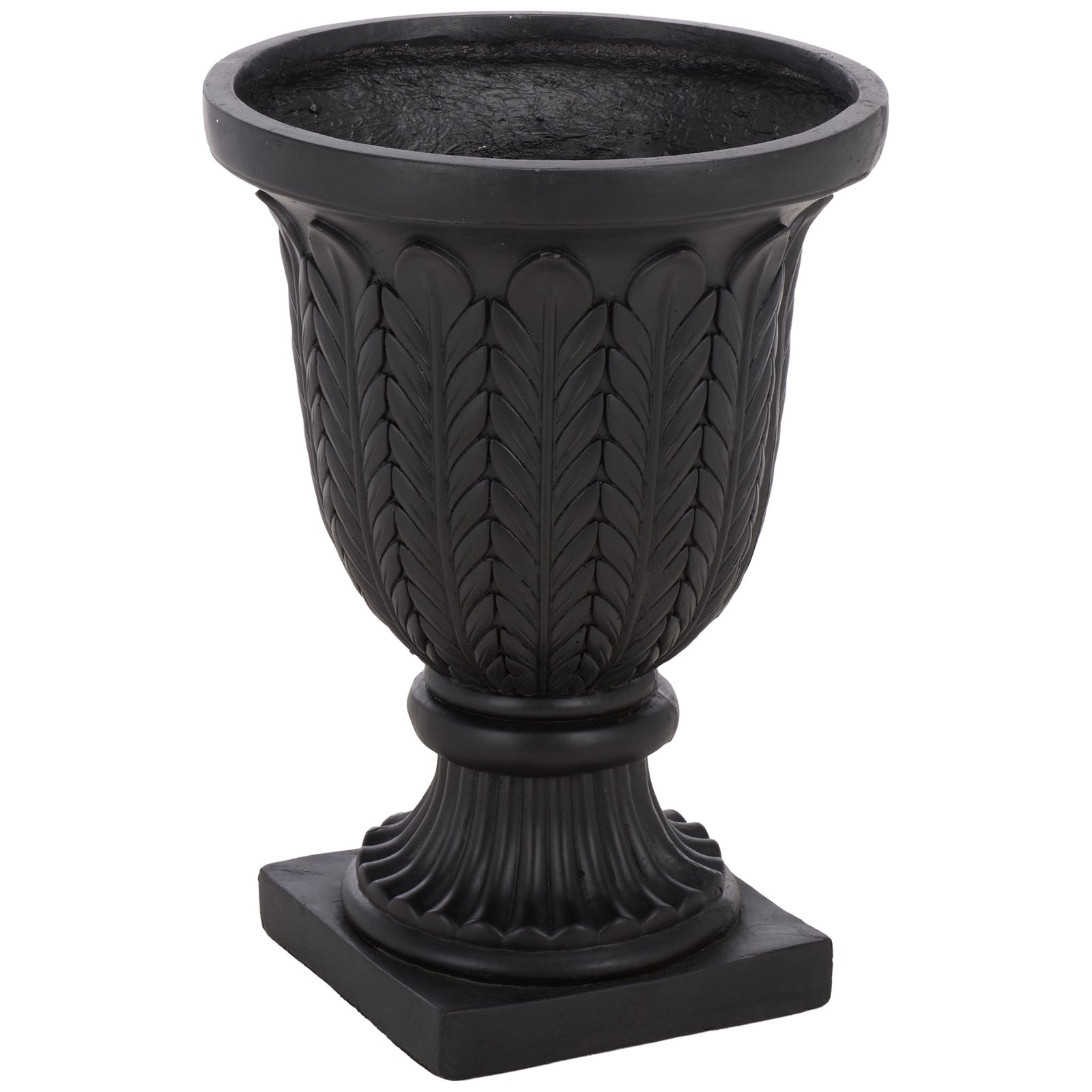 A broad-rimmed black urn displays repeating foliage relief above its pedestal base || PAT5046E || side_studio