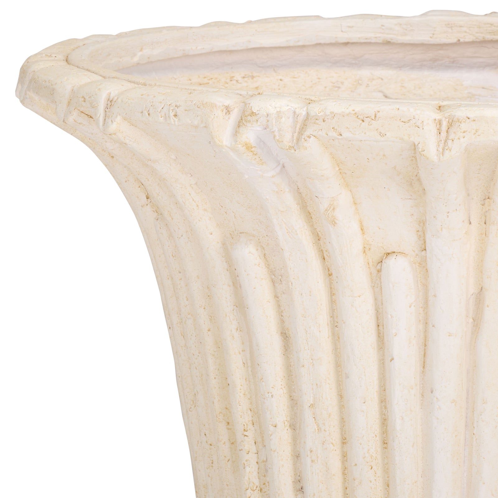 Off-white urn's flared rim meets tall sculpted flutes with a softly aged finish || PAT5047A || detail_studio
