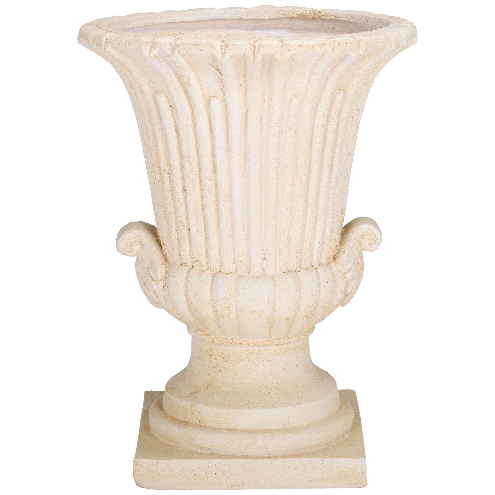 Off-white urn planter features a fluted, flared body with curled accents and a square base || PAT5047A || front_studio