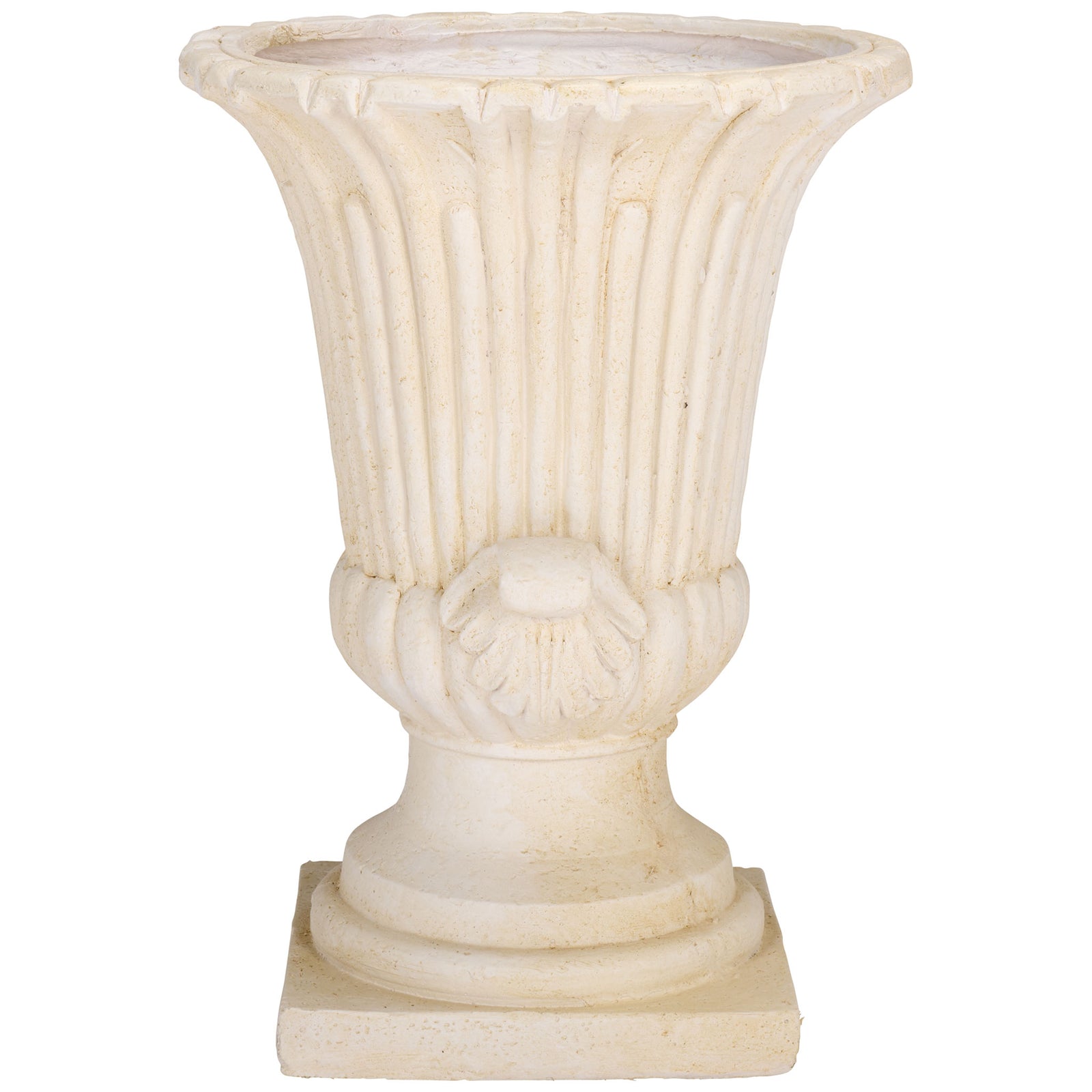 Sculpted leaf ornament adds detail to the off-white urn below its tall fluted body || PAT5047A || side_studio