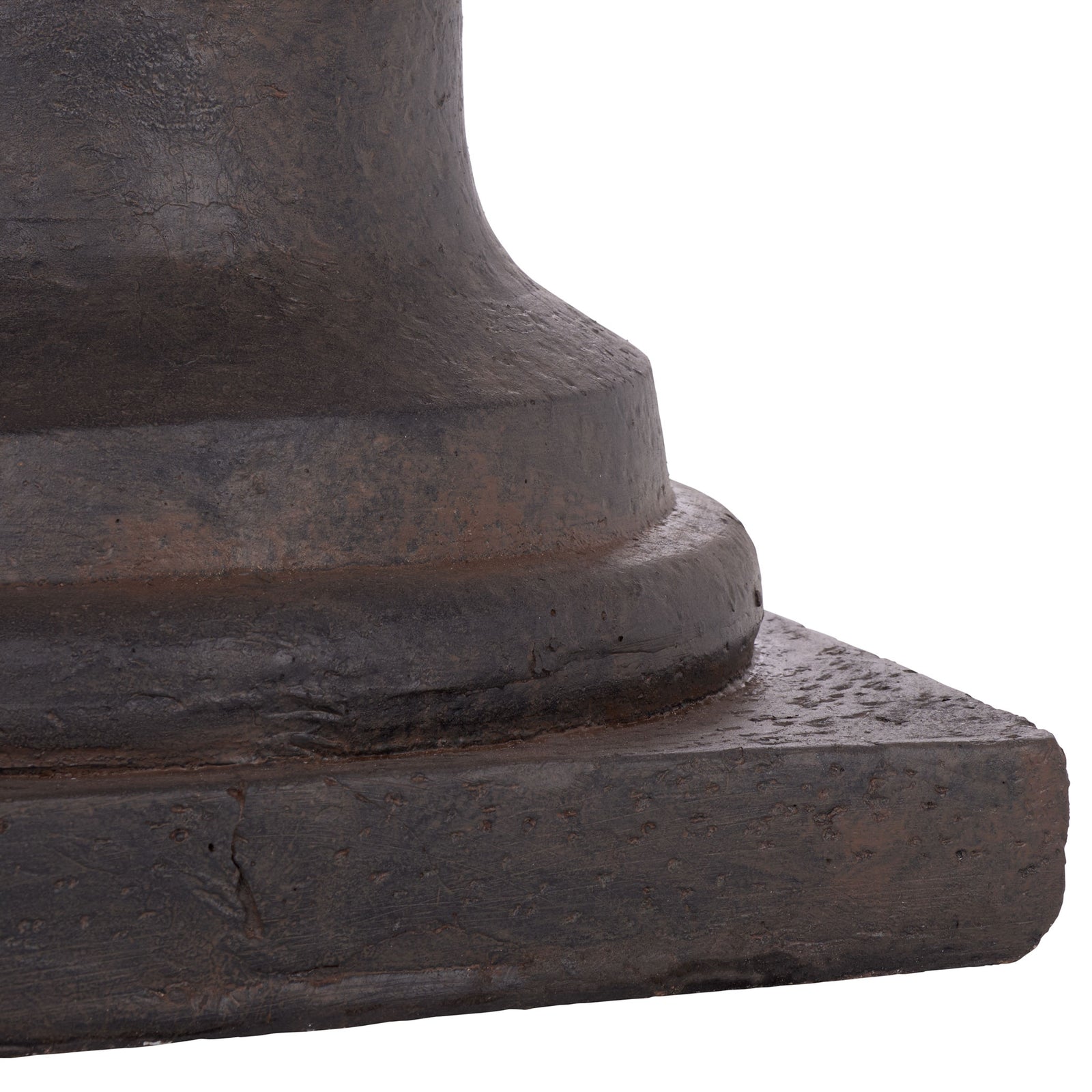 Square base and stepped pedestal have an earthy brown, mottled finish || PAT5047B || leg_studio