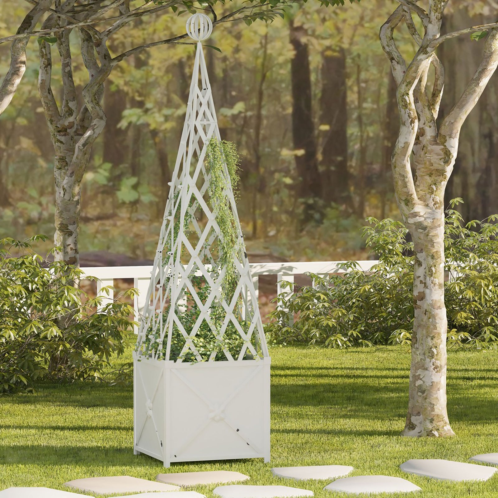 An antique white iron planter supports climbing greenery on a tall lattice trellis topped with an openwork orb. || PAT5048A || front_room