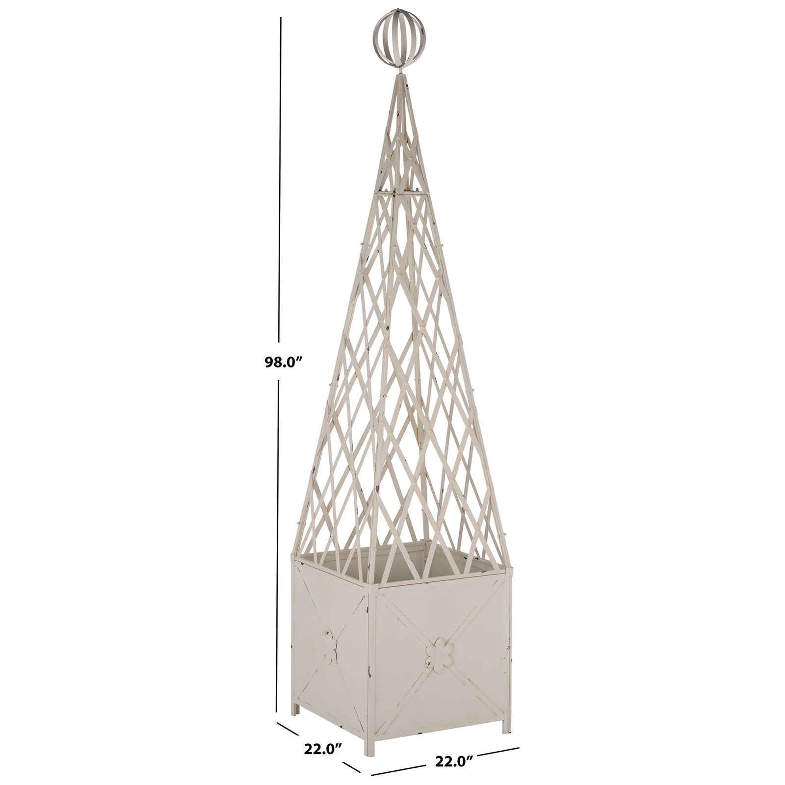 A 22-inch square base anchors the 98-inch iron planter and its soaring trellis. || PAT5048A || dimension_studio