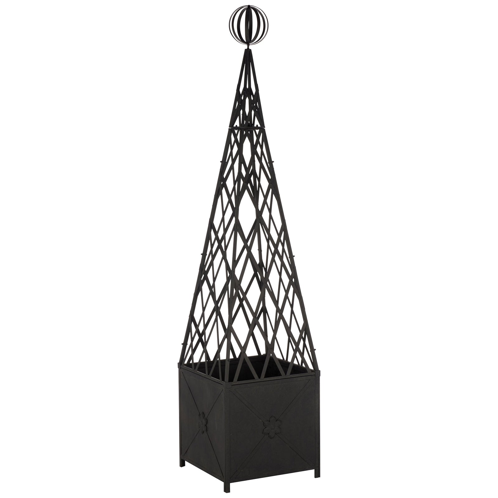 A pyramidal black iron trellis and openwork orb crown the richly paneled planter base. || PAT5048E || front_angle_studio
